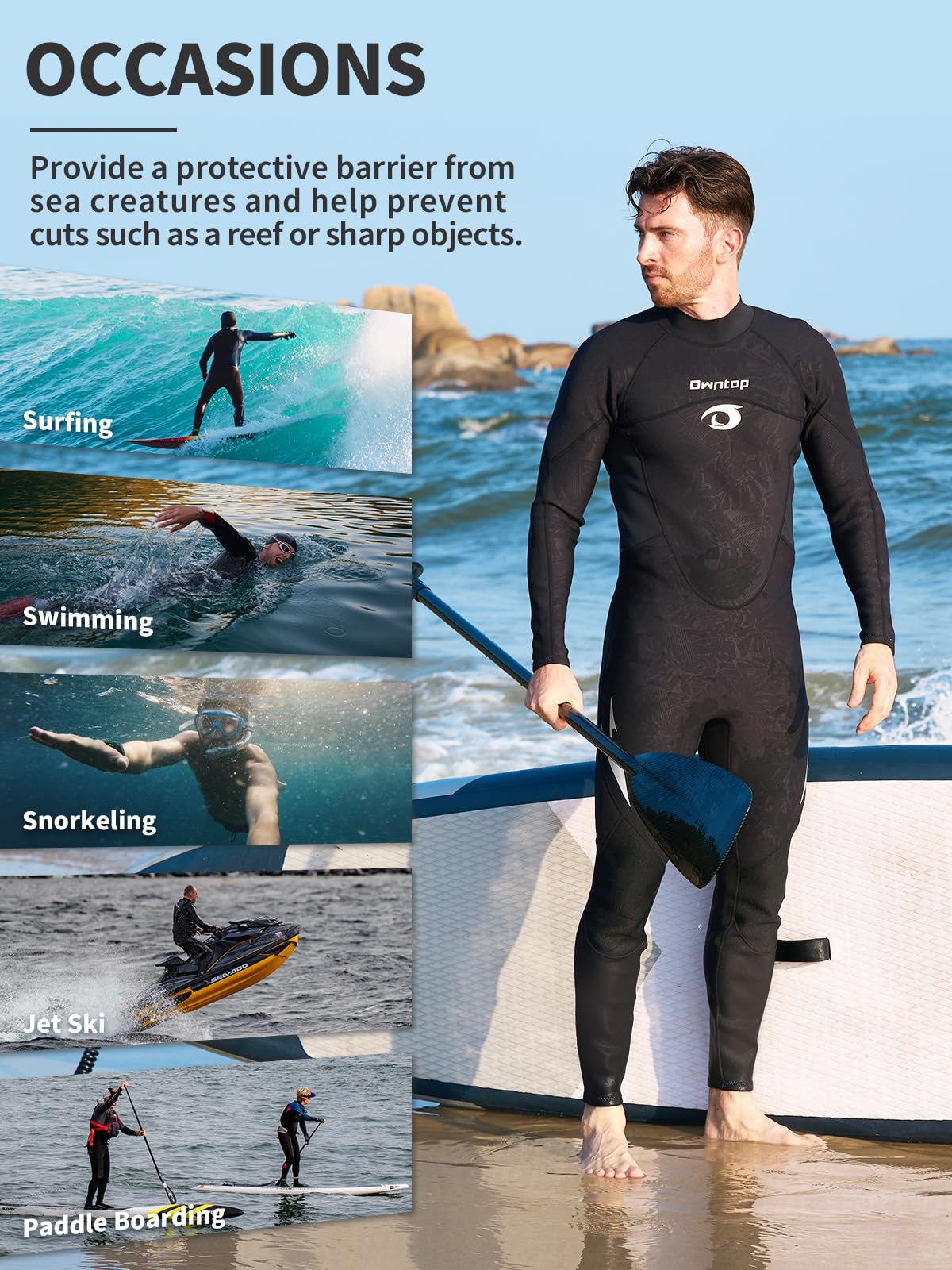 Owntop Muta da uomo e donna, 1,5 mm, lunghezza intera, in neoprene, con cerniera posteriore, per surf, snorkeling