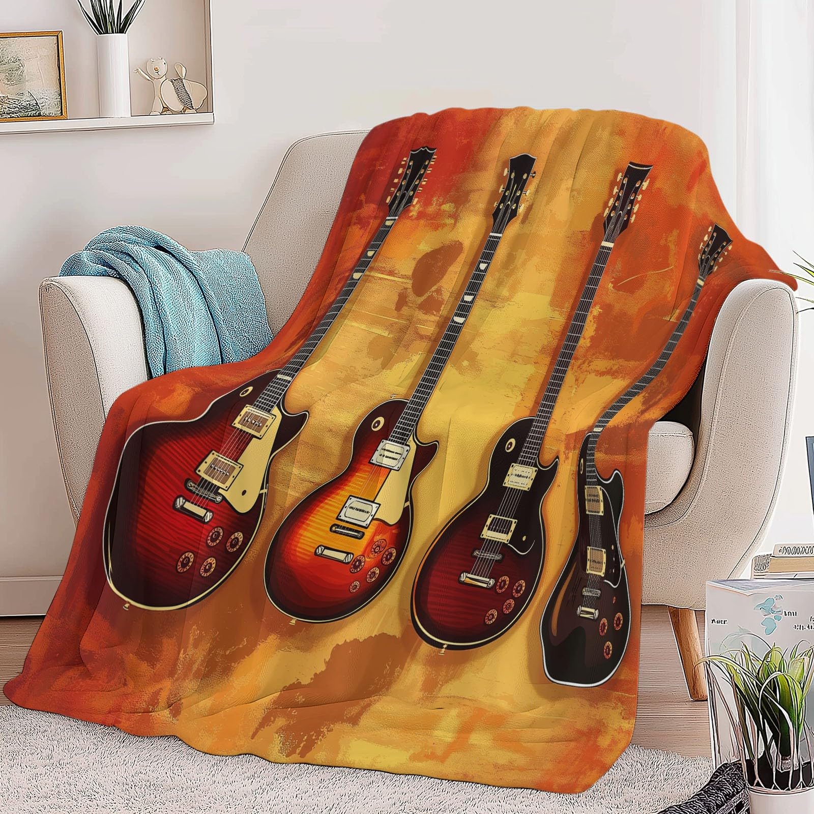Generico Pomarańczowy kolor flanelowy koc z polaru do gitary elektrycznej abstrakcyjny miękki lekki koc 180 x 200 cm - nadaje się do łóżka kanapy kempingowej podróży leżak