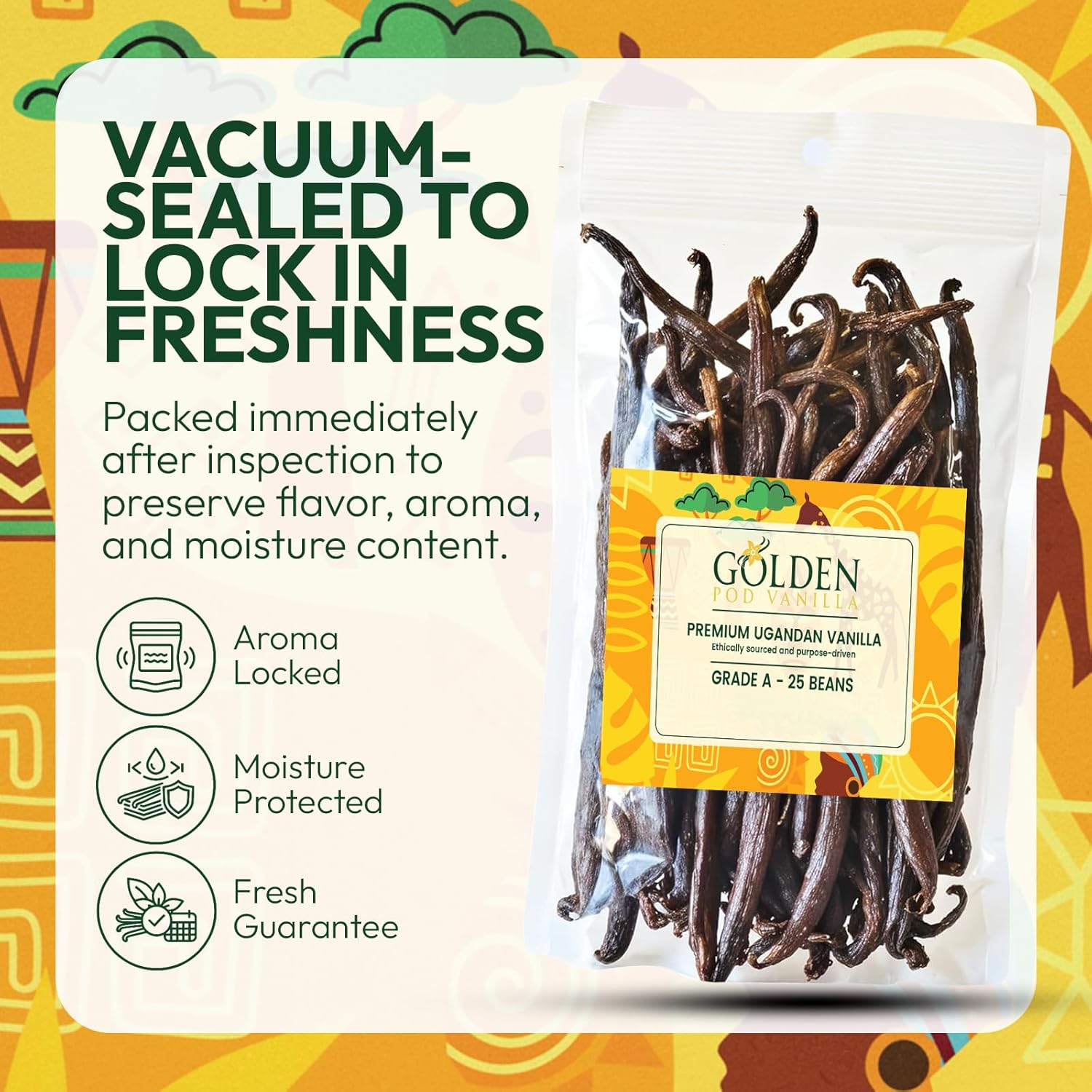 Golden Pod Vanilla Beans 25 Count | Premium Gourmet Whole Vanilla Pods | Fresh, Plump & Moist Grade A Beans for Homemade Vanilla Extract, Baking, Cooking & Desserts