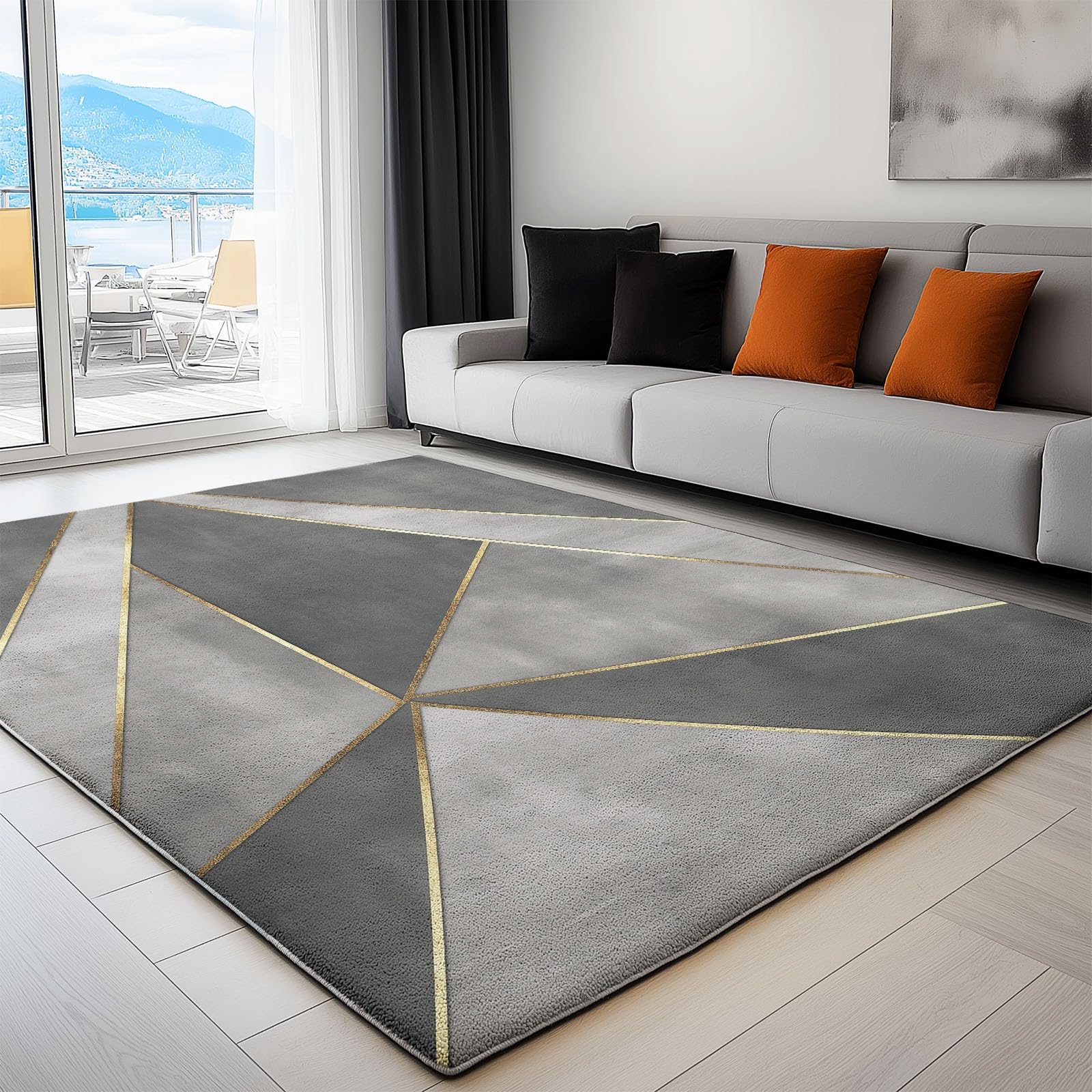 Tapis pour chambre et salon lavable gris 140 x 200 cm motif géométrique