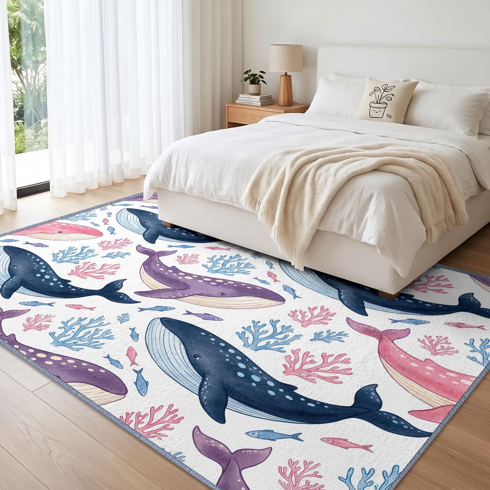 Générique Lavable en Machine Tapis Salon 80x156 cm, Baleine Corail Antidérapant à Poil Ras Tapis, Ludique Dessin Animé Écologique pour Salle à Manger Couloir Chambre Bureau