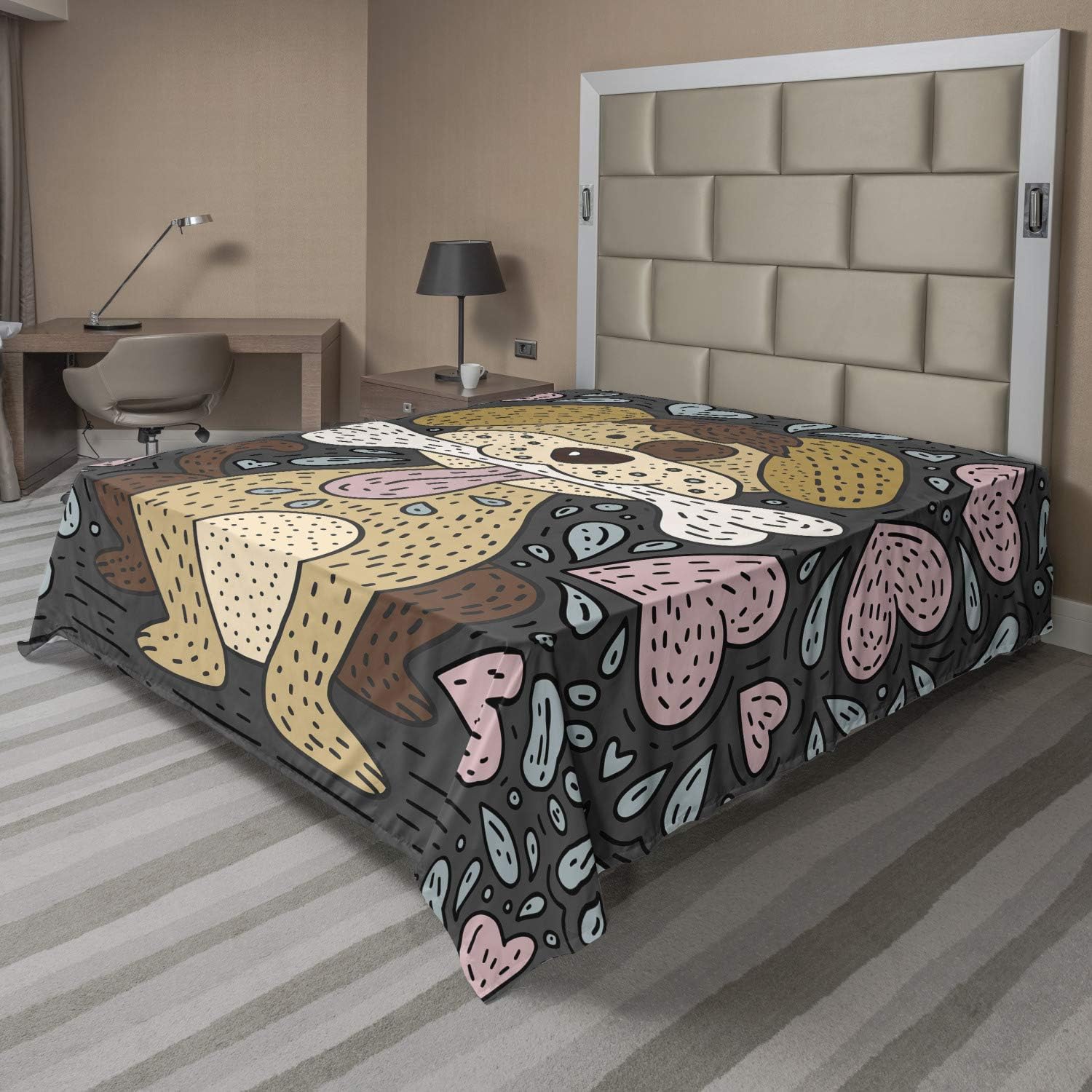 Ambesonne Dog Flat Sheet, Puppy and a Bone Hearts Doodle Boy Dog Childish Cartoon Style Illustration, Soft and Comfortable Top Sheet Decorative Bedding 1 Piece, Full Size, Grey and Multicolor