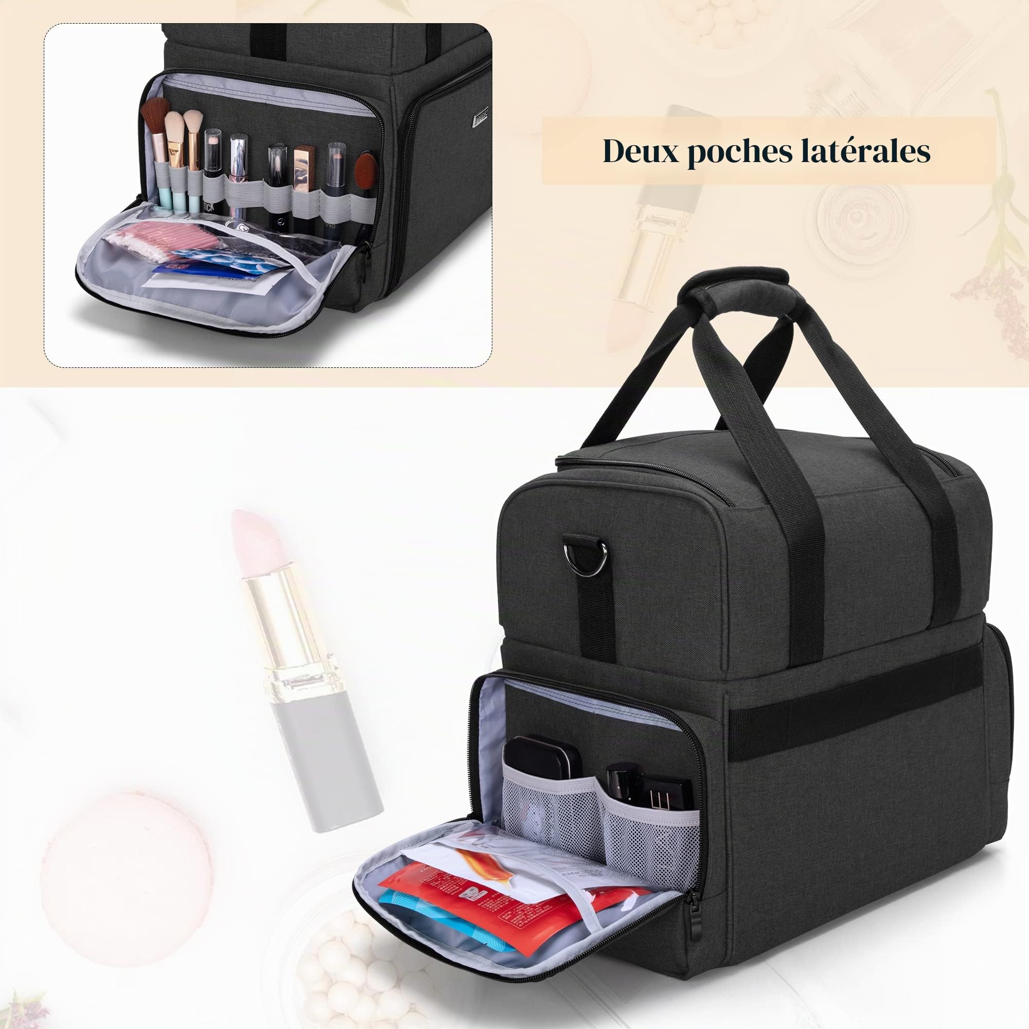 BAFASO Trousse de Maquillage de Voyage à 2 Couches, Sac de Maquillage, Noir | Sac à Cosmétiques avec 3 Étuis Amovibles, (Sac Seulement)