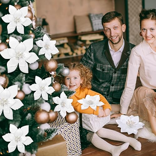 Miniatura 4 de WILLBOND 24 flores de Pascua con purpurina de 3 tamaños, flores de imitación para boda, adornos de Navidad para árbol de Navidad, Año Nuevo,