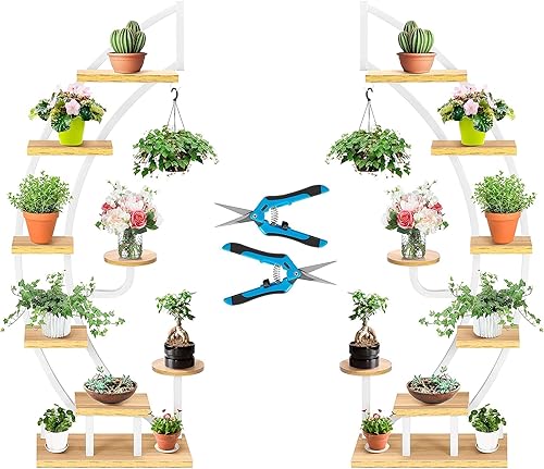 VIVOHOME - Soporte para plantas de madera de acero con percha, estante curvado para macetas para interiores y exteriores y 2 podadoras de mano de