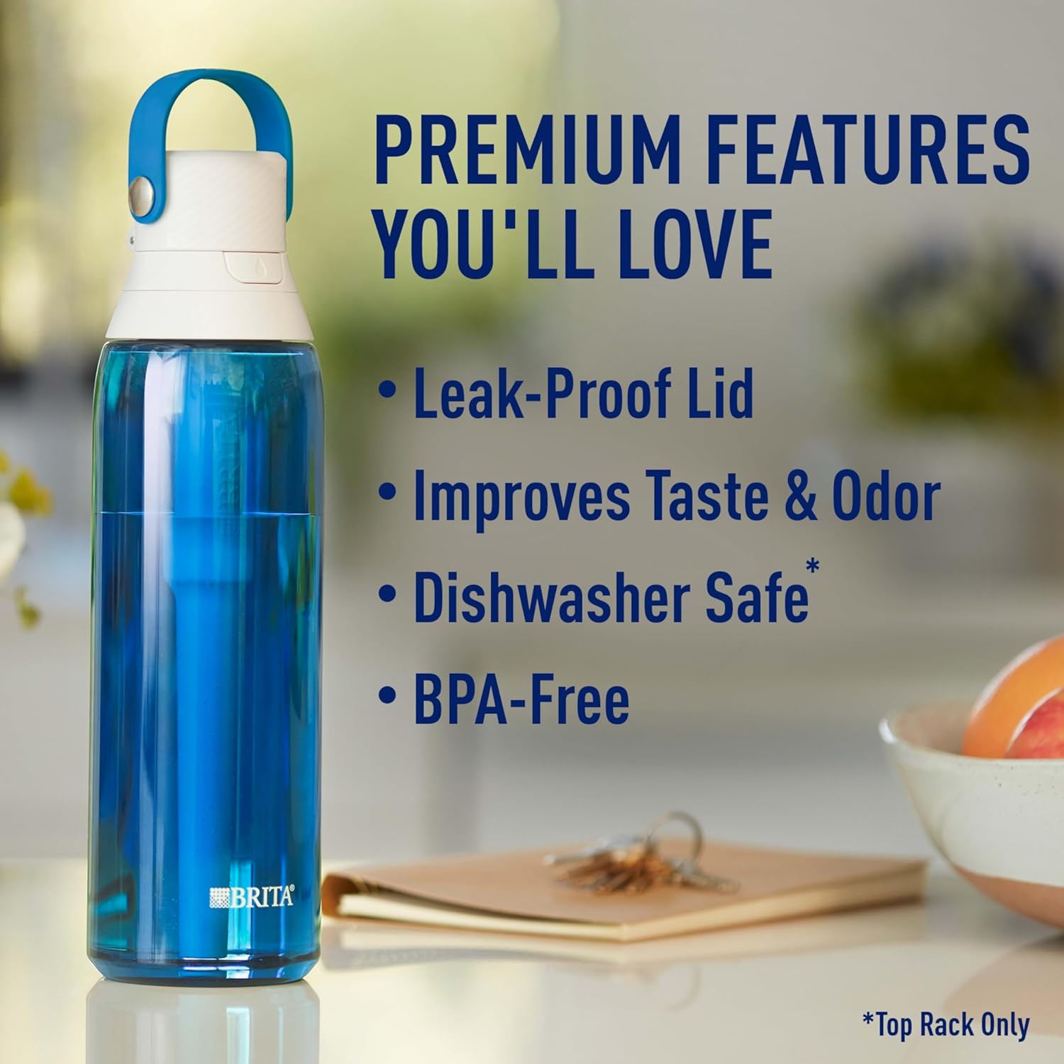 Brita Insulated Filtered Water Bottle with Straw, Reusable, BPA Free Plastic, Sapphire, 26 Ounce