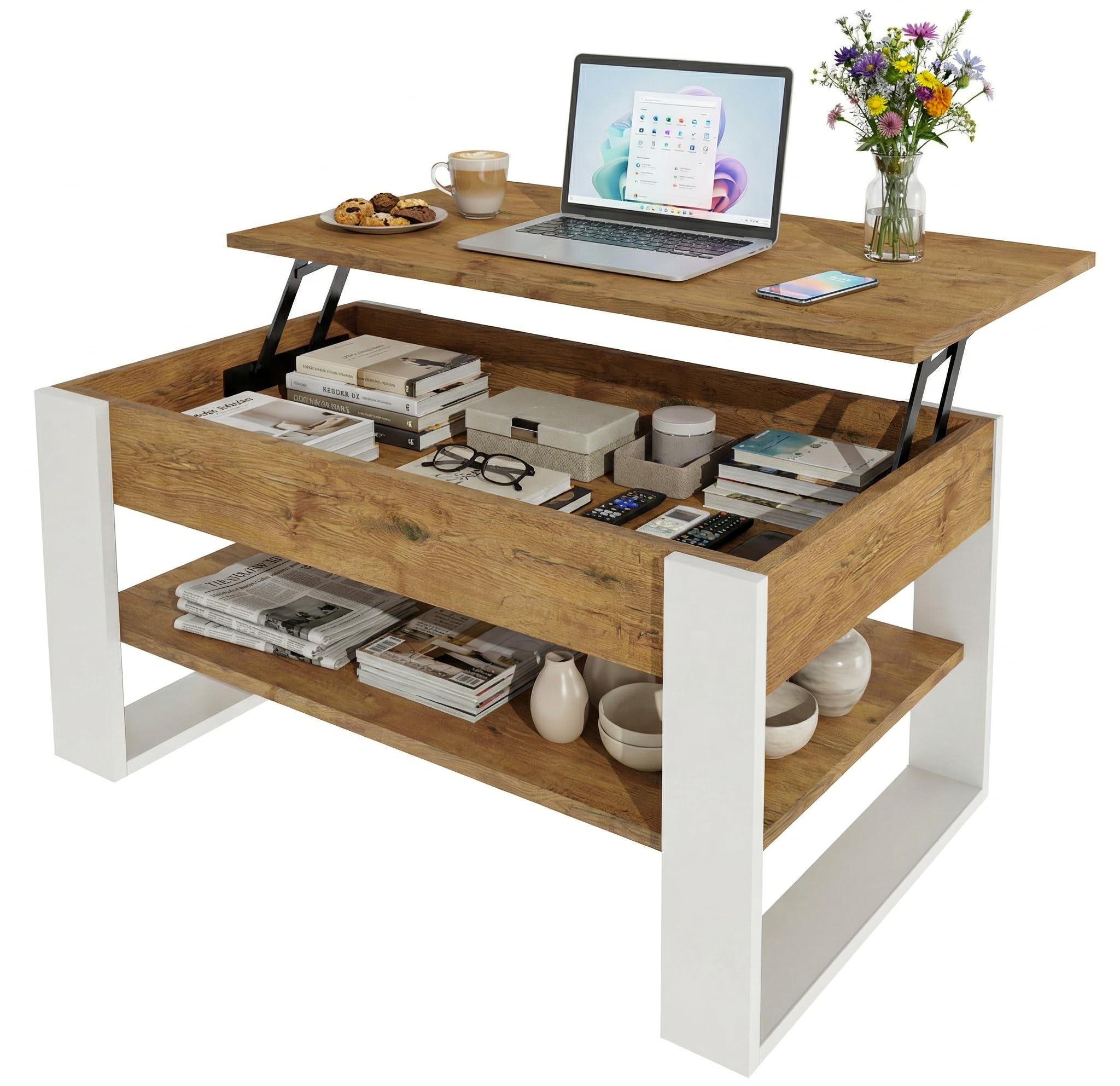 möbelkap Couchtisch mit anhebbarer Platte | Höhenverstellbarer Wohnzimmertisch mit Stauraum | modern mit Ablage & verstecktem Fach – Coffee Table für Wohnzimmer & Büro
