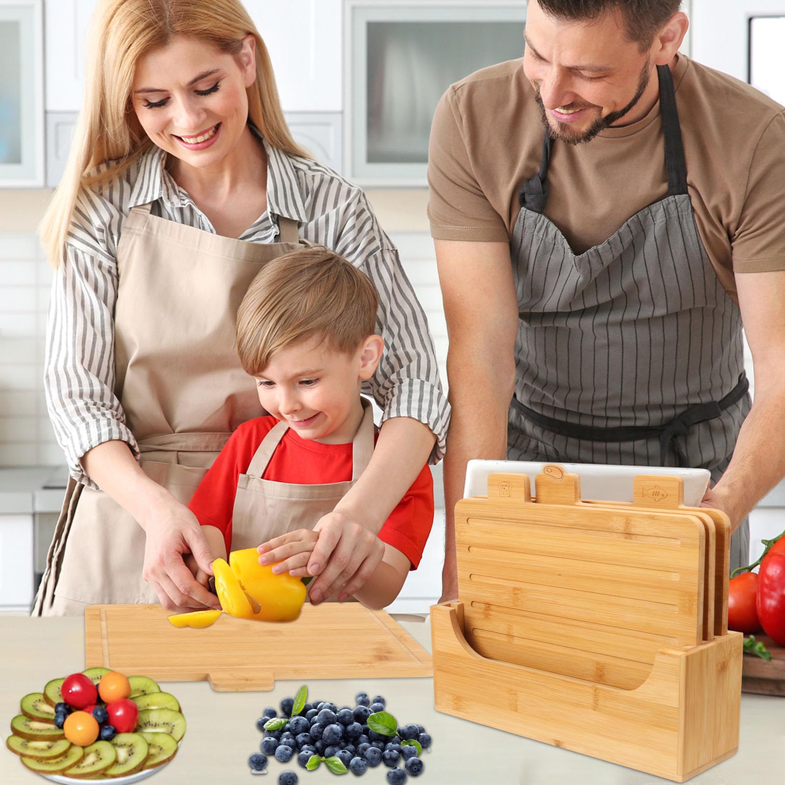 Juego de 4 tablas de cortar de bambú para cocina, tablas de cortar con soporte, tablas de cortar para carne, verduras, pescado y pan