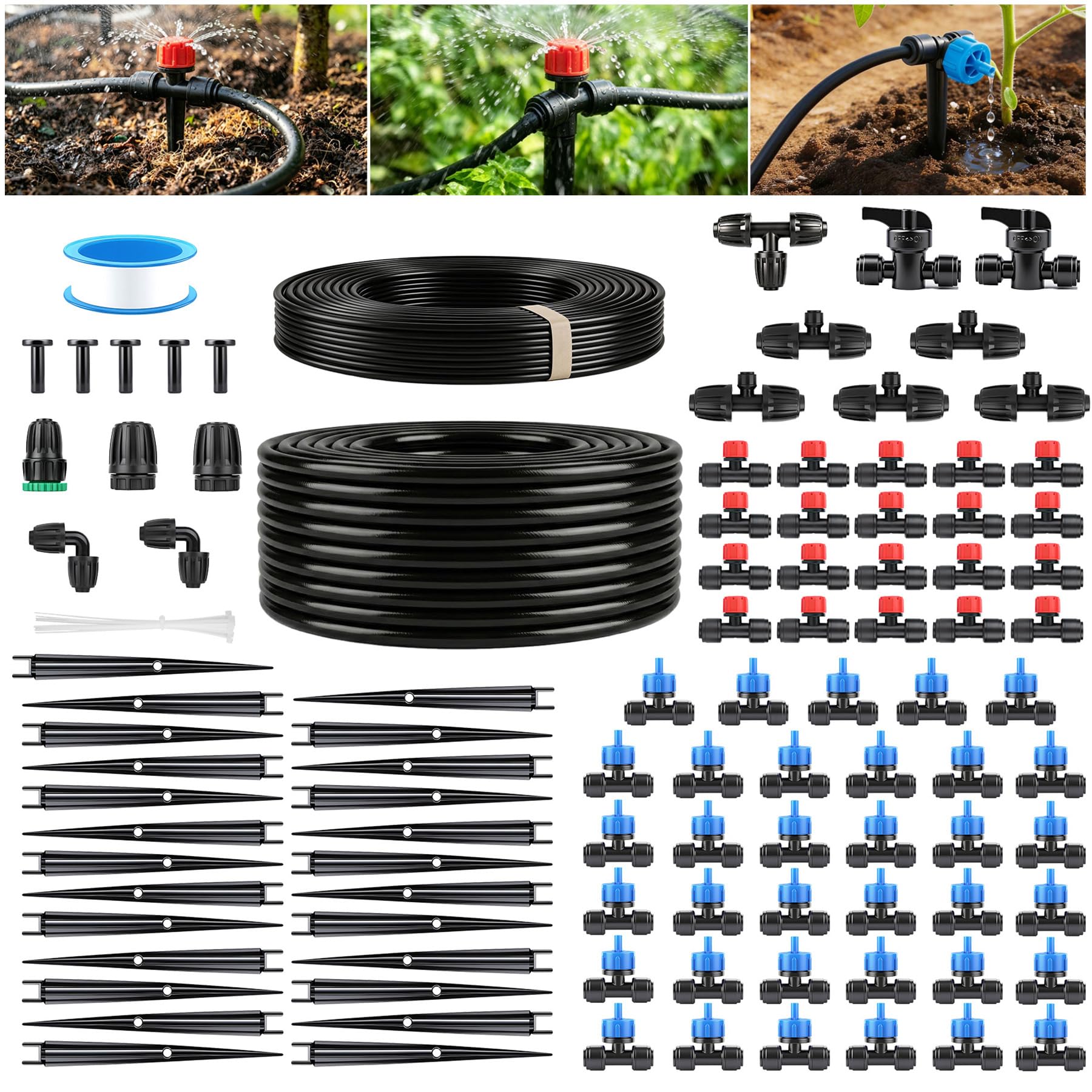 Kit de Riego por Goteo 101 Piezas con Compensación de Presión, Tubos 15m PVC+PE+PP, 4 Modos, para Jardín Huerto Serre