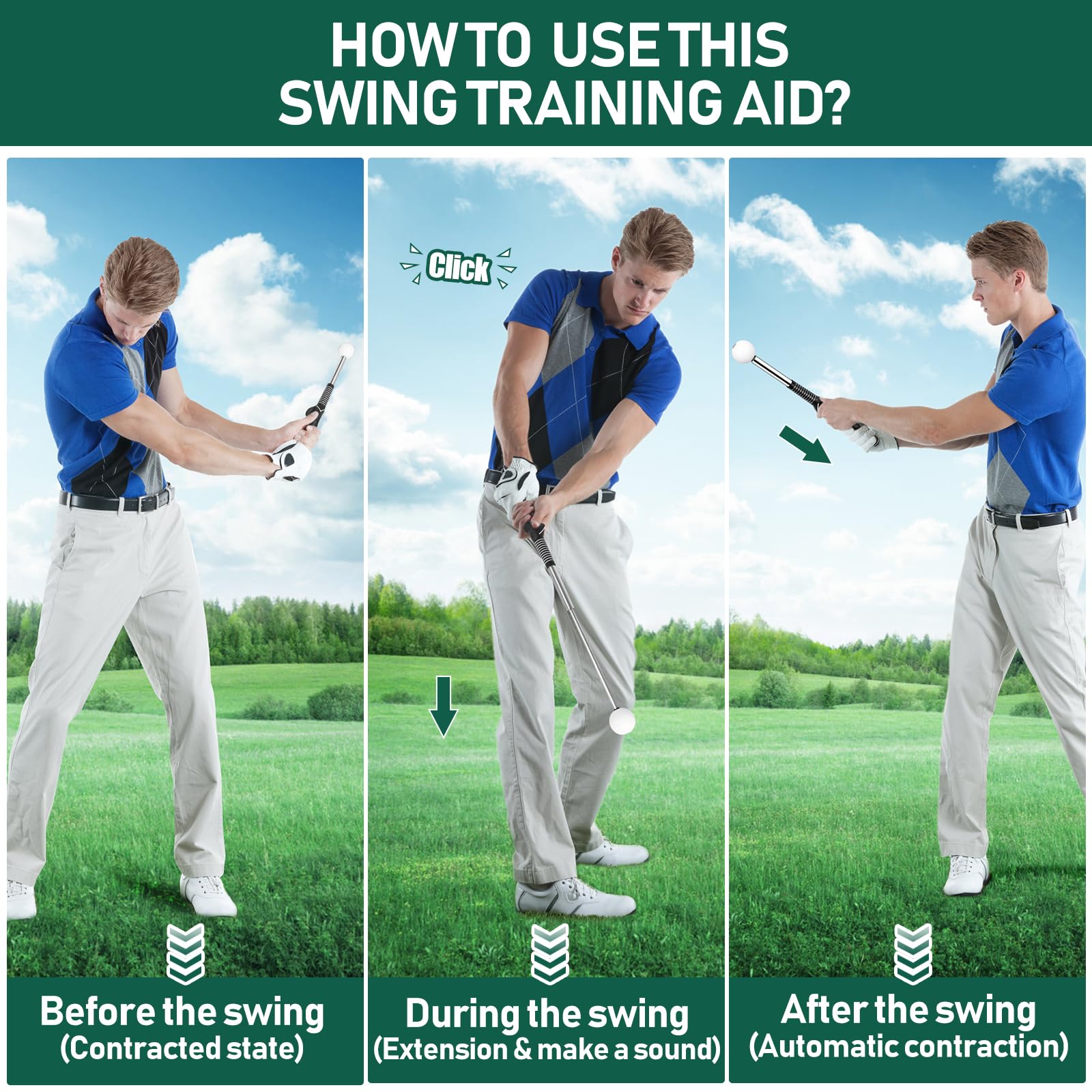 Golfgriff-Trainingshilfe – einziehbarer Klick-Club-Trainer, Indoor-Übung, Aufwärmstab, flexibel, Teleskop, kurzes Tempo-Sound-Freigabetrainer, Geräte mit Schwung-Übungsgurt