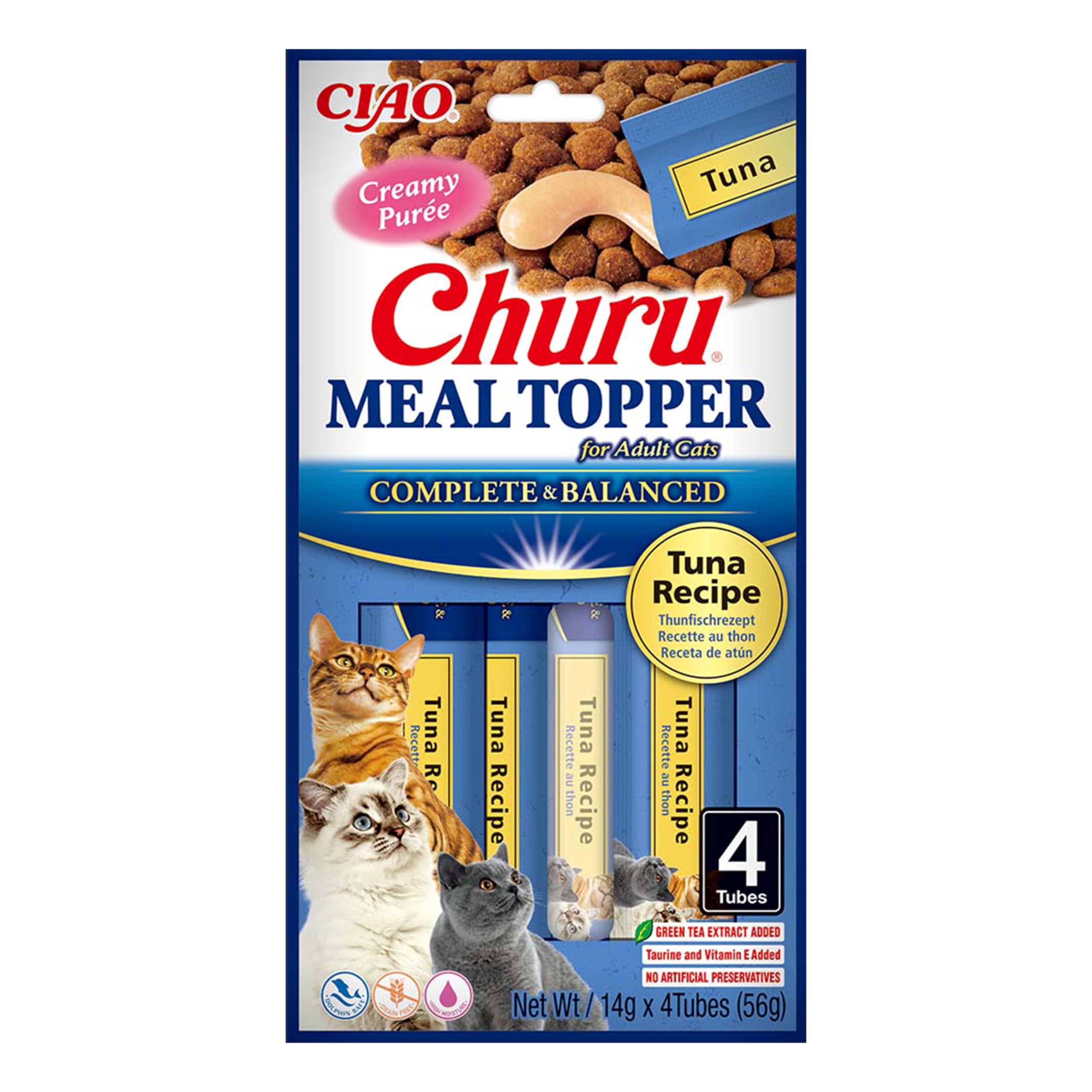 Churu Meal Toppers by INABA Cat Treat - Tuna Recipe (4 x 14g) / Soft & Creamy, Delicious & Healthy Purée Food Topper, Natural, Grain Free, Wet Cat Food