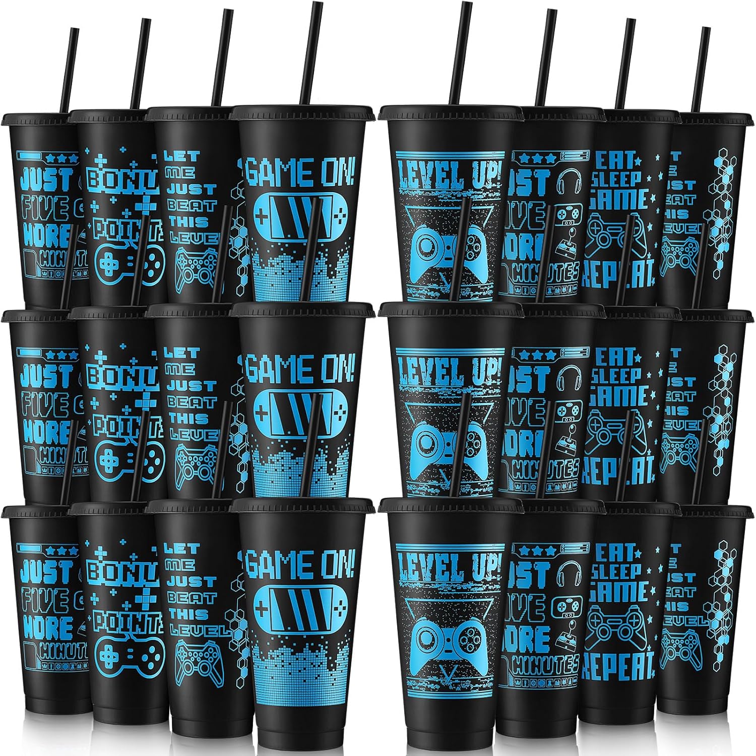 Mifoci 24 Pcs Video Game Plastic Cups with Lids and Straws Reusable