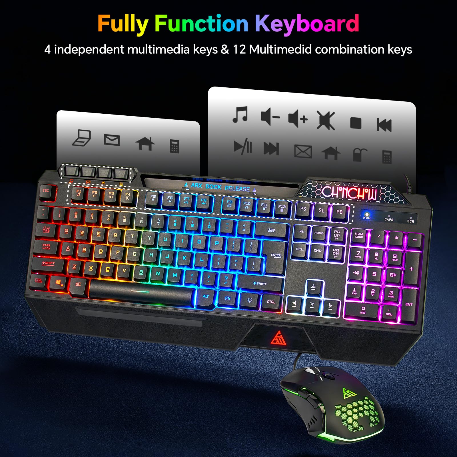 CHONCHOW Tastiera da gioco e mouse combinata, tastiera silenziosa retroilluminata RGB con cavo USB, anti-ghosting, con poggiapolsi ergonomico e supporto per telefono, mouse da gioco 7D 7200 DPI per PC