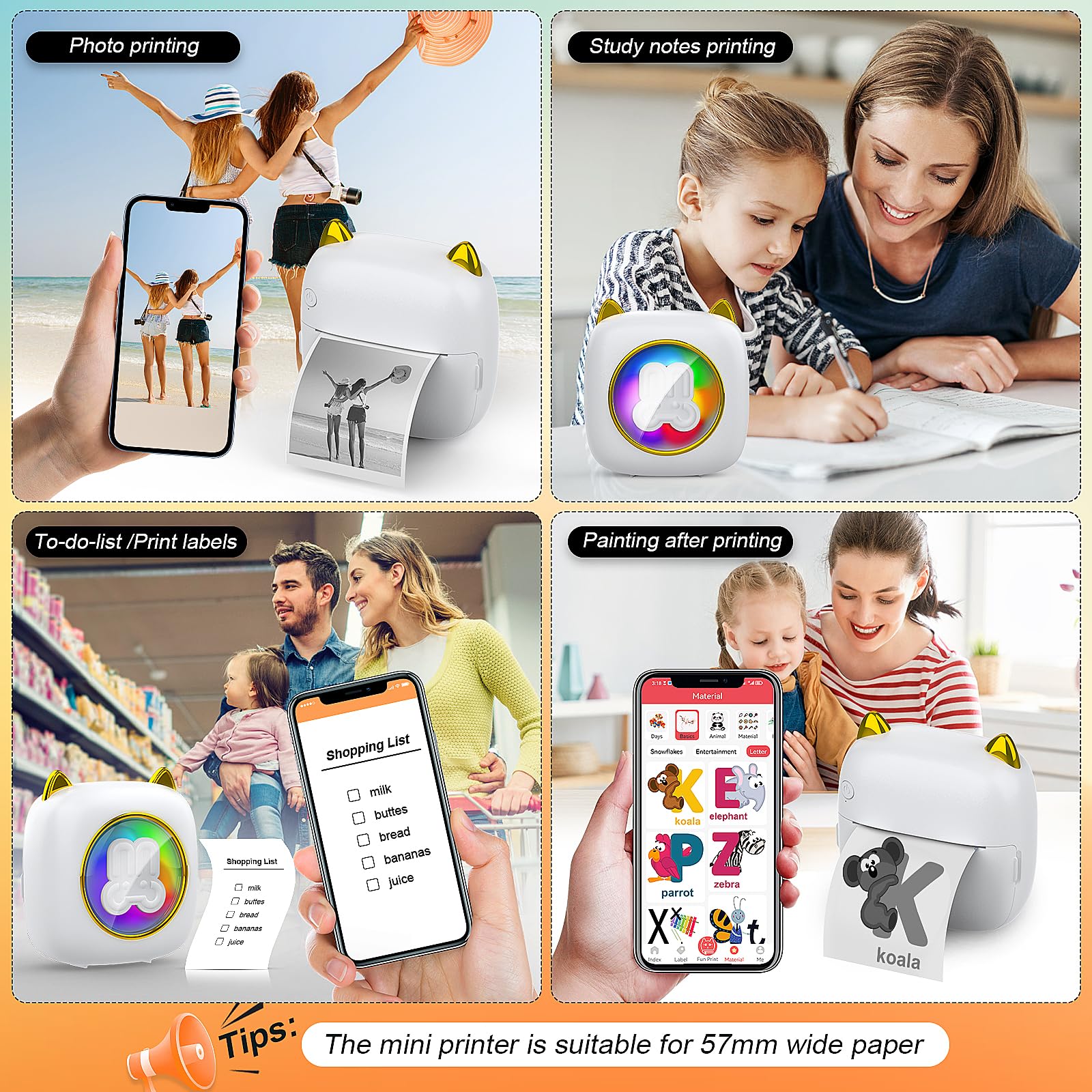 Produktbild von Korffe Mini-Drucker Für Smartphone – Kabelloser Stickerdrucker Mit 7 Rollen Papier, Für Android & IOS, Ideal Für Notizen, Journal & Aufkleber