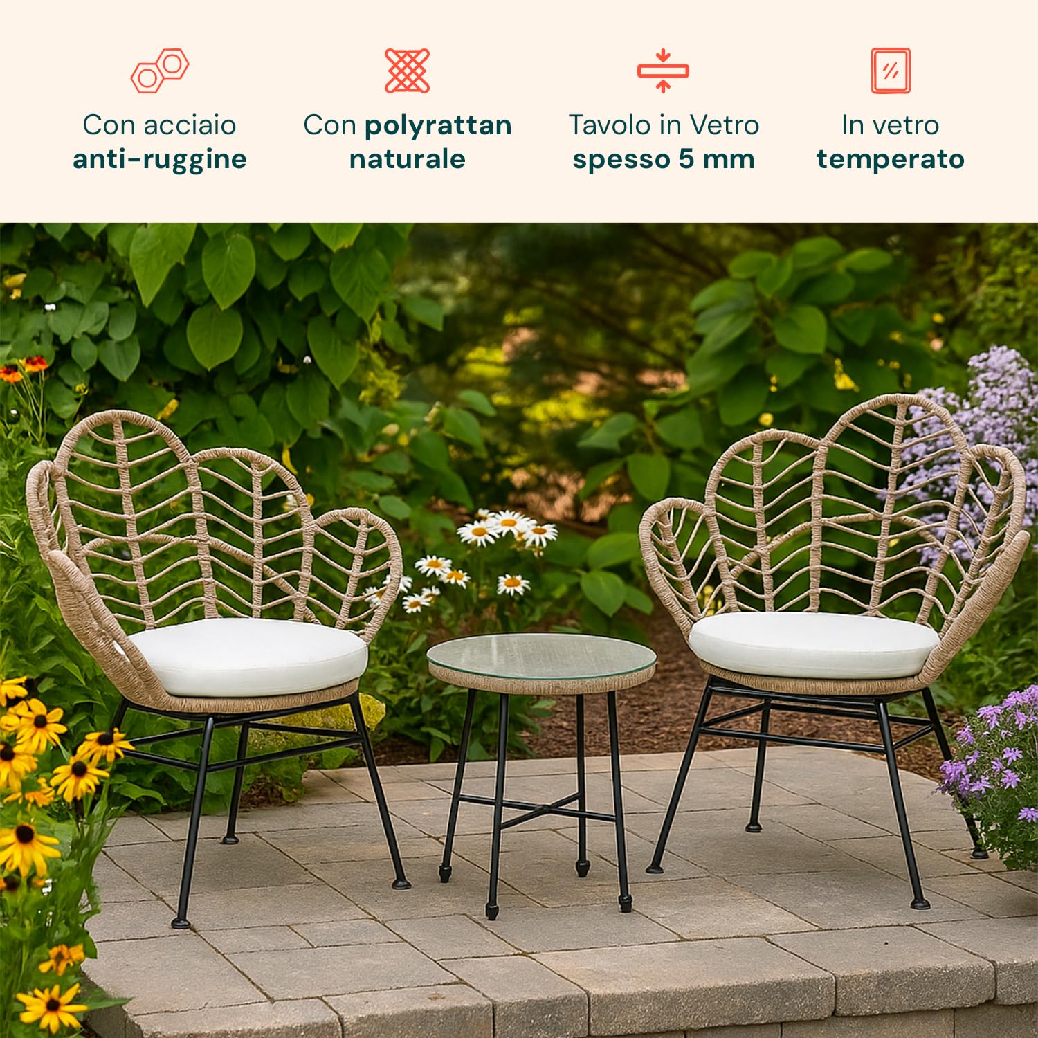 Juego de Mesa y sillas de Exterior de ratán sintético Natural con Estructura de Acero y Mesa con Cristal Templado, Juego de jardín Exterior para balcón, terraza o Patio