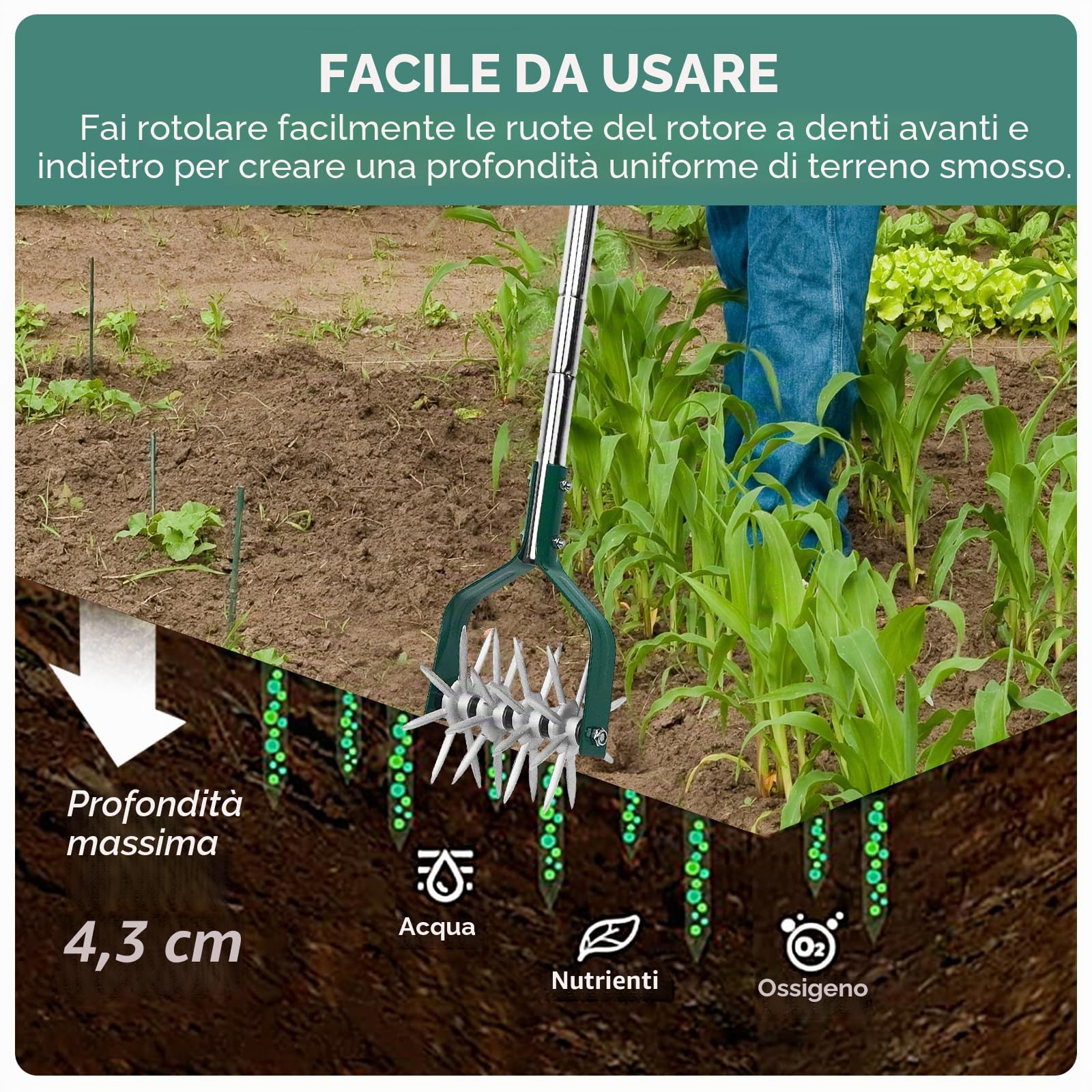 Yeelor Coltivatore rotante con manico regolabile S/S con denti in metallo solido staccabili coltivatore da giardino coltivatore da giardino e fresa manuale per allentare e mescolare il terreno