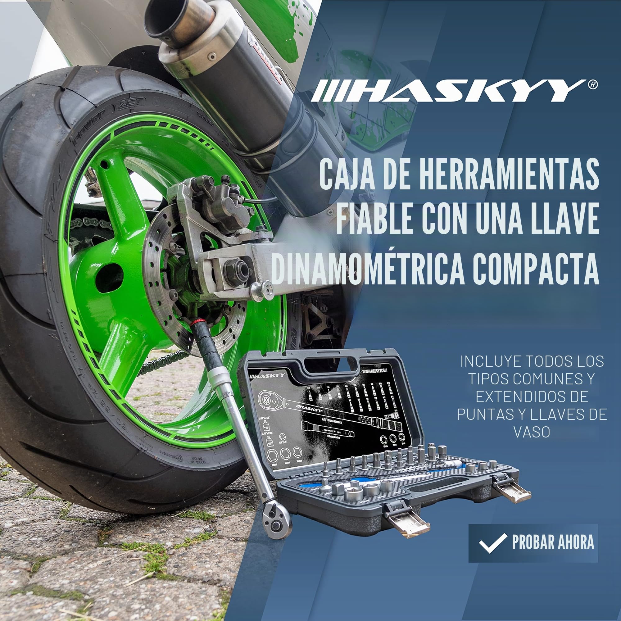 HASKYY Juego de llaves dinamométricas 3/8" 5-60Nm Motocicleta Chopper moto personalizada con muchos accesorios como barra de extensión, puntas, llaves de tuerca, adaptador