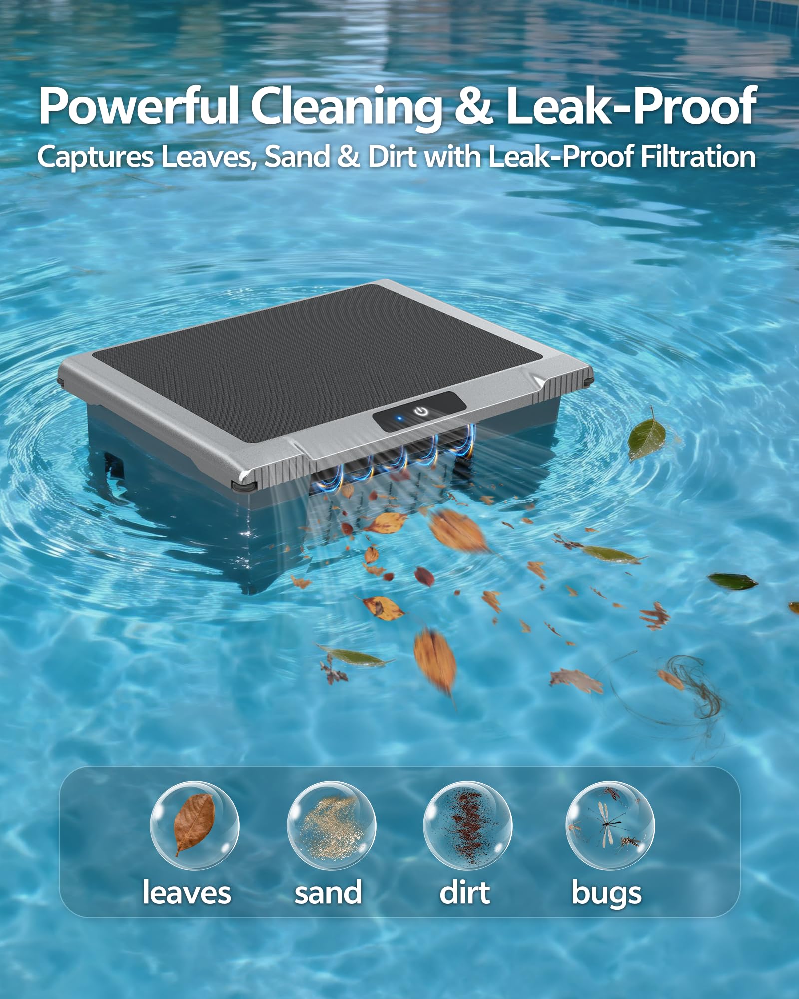 T1B Solar Powered Pool Skimmer Robot, Automatic Robotic Pool Surface Skimmer Cleaner with 24/7 Cleaning, Dual Charging Modes, Auto-Dock, Inground & Above-Ground Pools (Gray) - 5