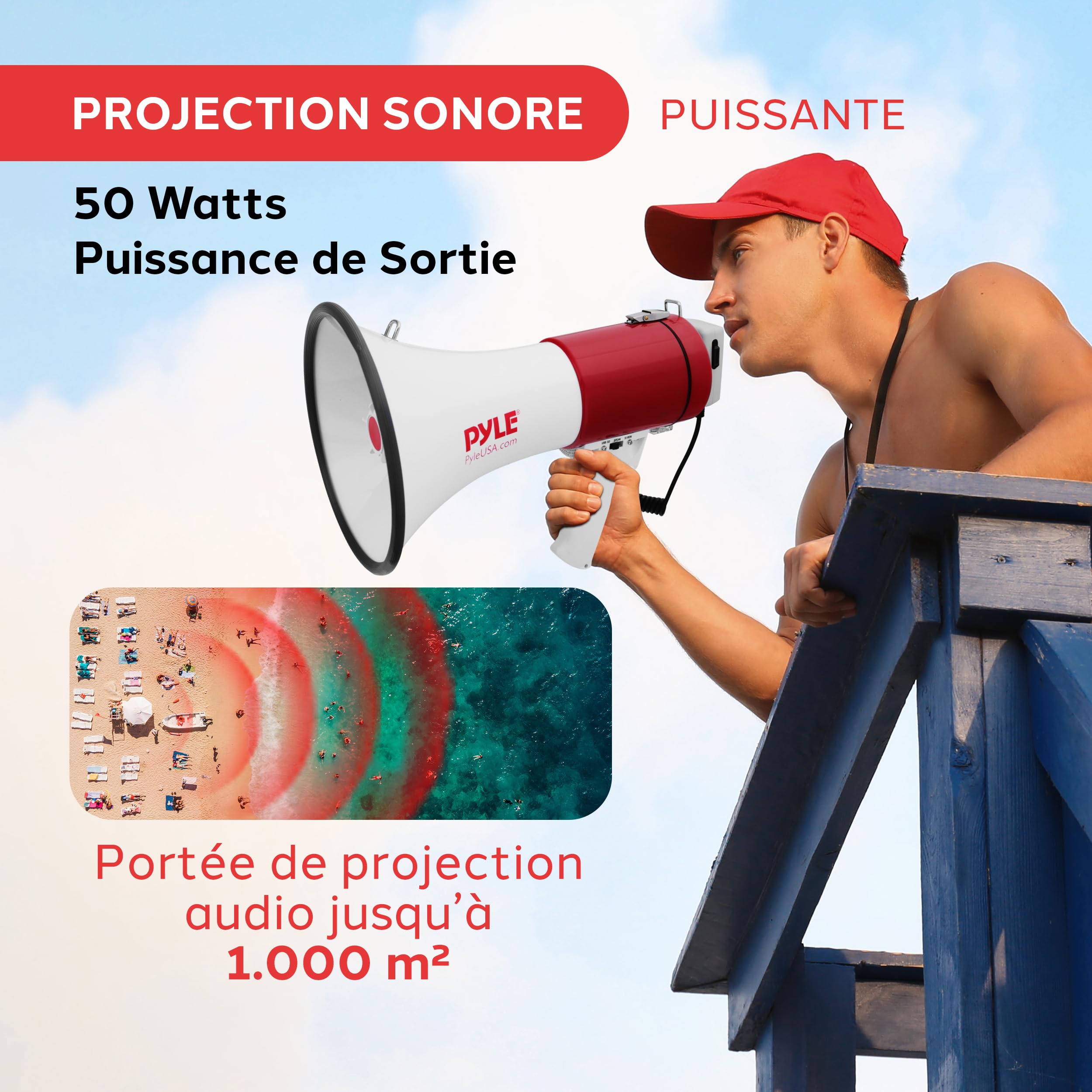 Pyle Mégaphone Porte-Voix 50W -Haut-Parleur Mégaphone avec Sirène Intégrée, Contrôle de Volume Réglable, Portée 1100 m –pour Événements Sportifs, Entraîneurs, Manifestations, Sécurité, Urgences