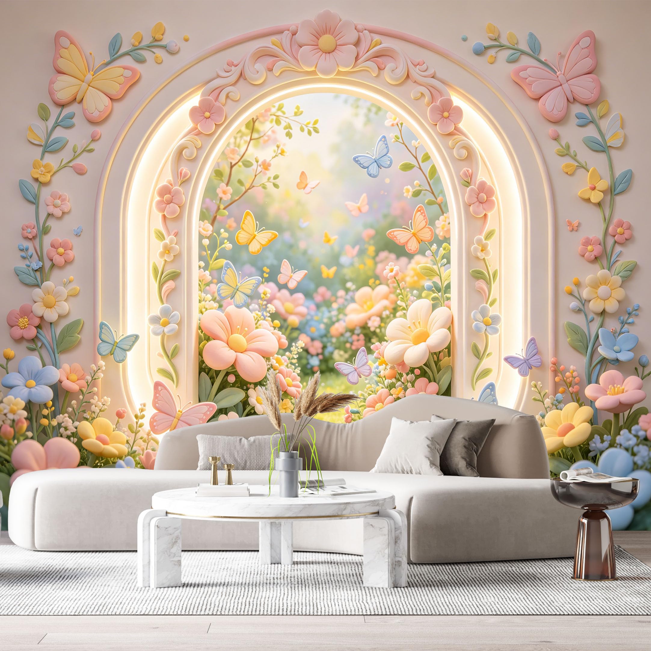 Custom Size Wall Mural Pastel Botanical Butterfly Arch 3D Trompe L'Oeil SelfAdhesiveWall Fabric Removable Wallpaper Wall Decor for Living Room Bedroom Bathroom