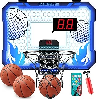Indoor Basketball Hoop for Kids, Over Door Basketball Hoop with Remote Control 7-Color Led Lights Scoreboard & 3 Balls, Mi...