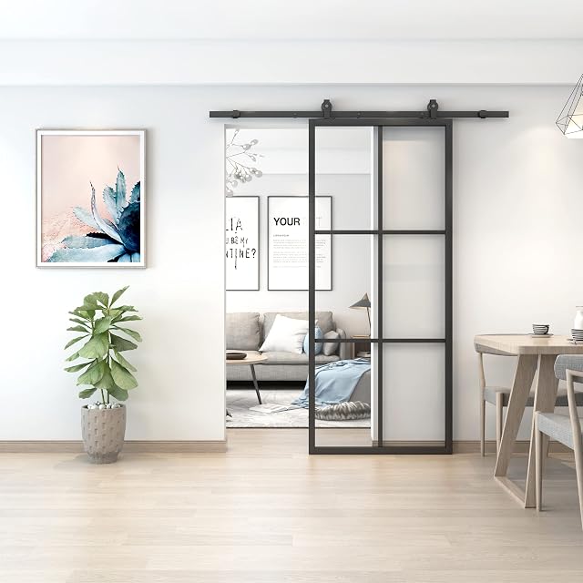 BARNSMITH Sliding Clear Glass Door, 91x213cm DIY Black Aluminum Frame Barn Door Panel, Modern Pre-Drilled Holes Interior Door Kit for Office Kitchen Living Room Shower Door room Dividers, No Track Kit