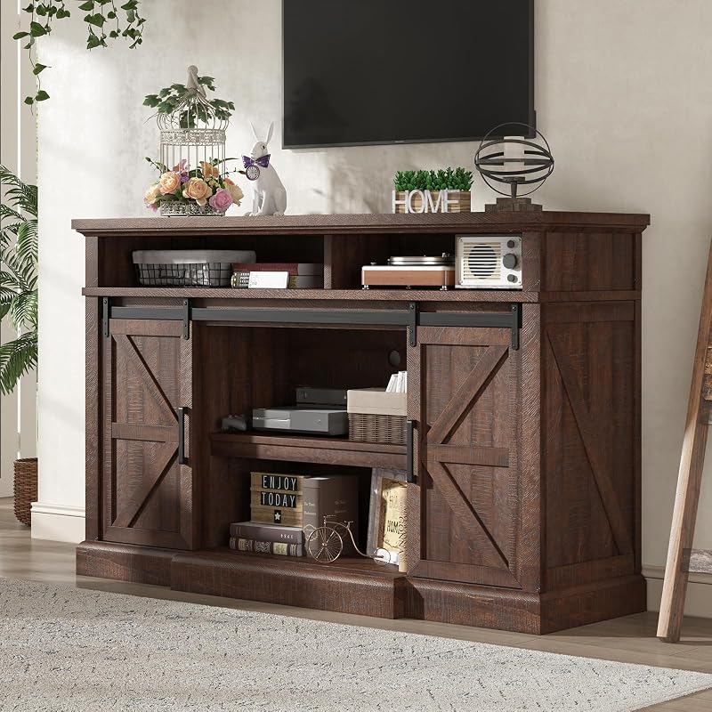 AMERLIFE 66" W Farmhouse TV Stand, Entertainment Center with Storage, Brown