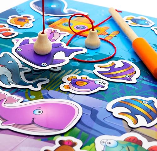 Miniatura 5 de Little Boss Games Juego familiar 3 en 1 juego de pesca, rompecabezas (20 piezas, tablero de juego de 2 caras), tarjetas de memoria (24 cartas) y