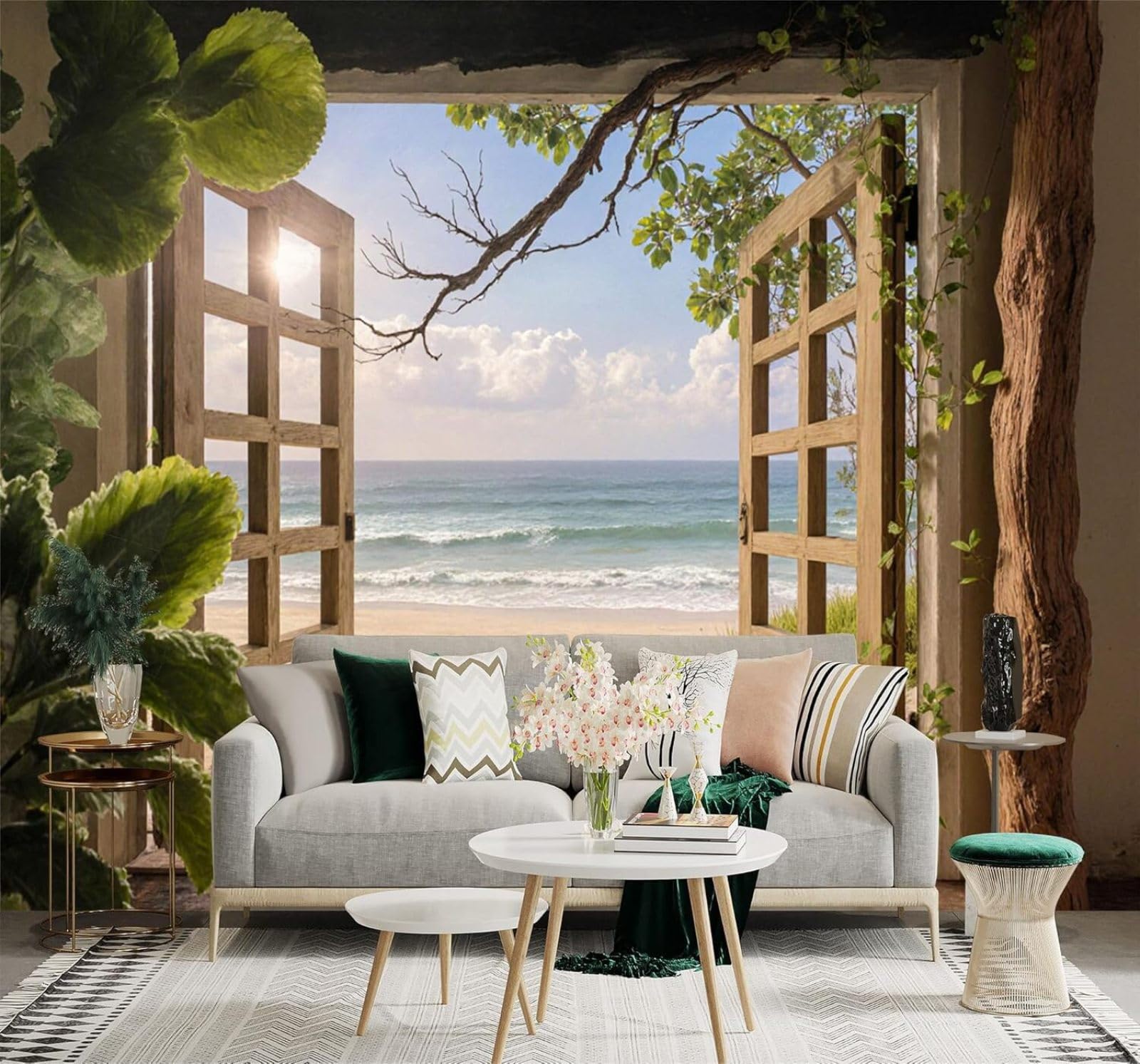 XLMING Wooden Doors Sunshine Beach Waves Green Leaves Scenery 3D Wallpaper Premium Textured Silk Study Dining Living Room Bedroom Sofa TV Wall Easy Install-350cm×256cm