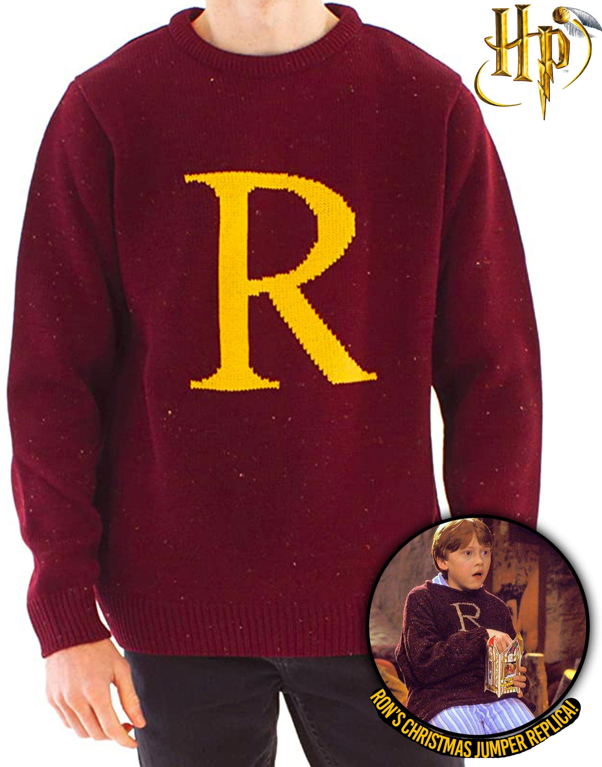 Harry Potter R dla Rona Świąteczny Sweter dla dorosłych | Męska i damska bluza z dzianiny Ron Weasley Letter R | Xmas Movie Gadżety Odzież Prezent w kolorze czerwonym | Świąteczny prezent z Hogwartu