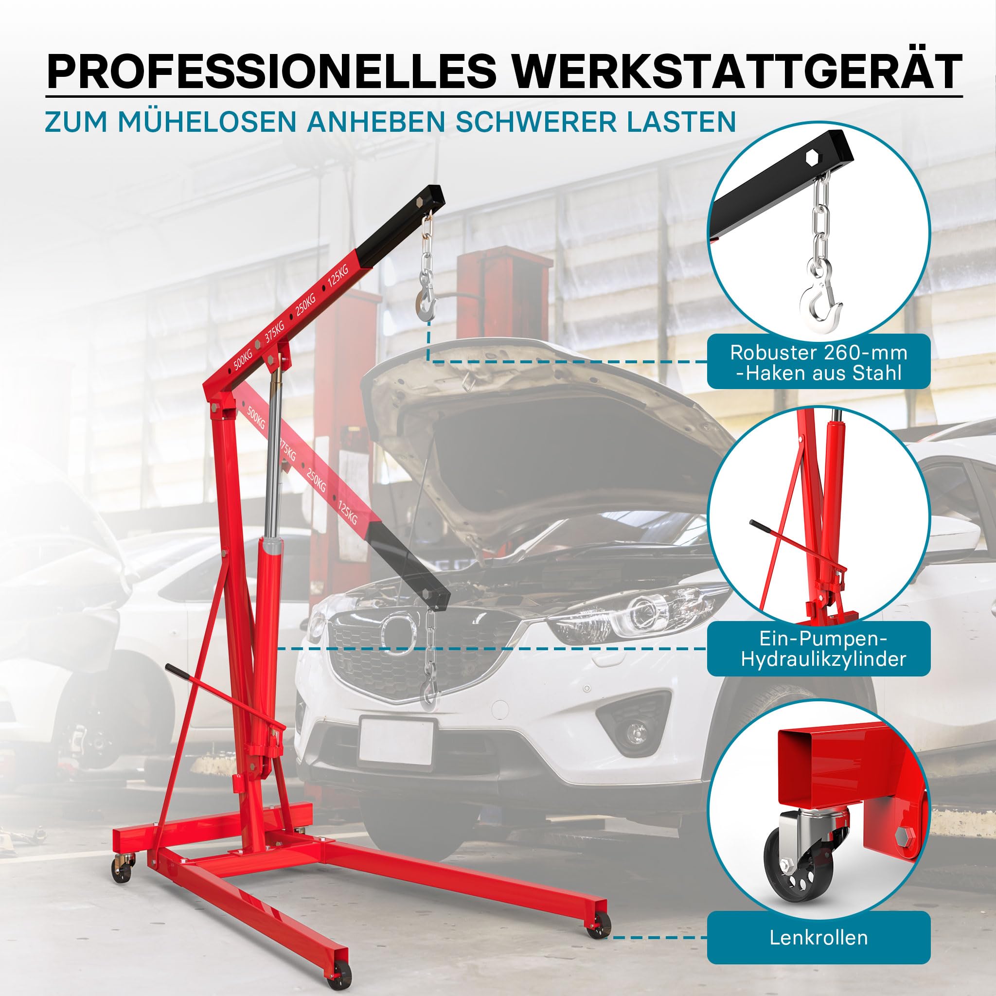 Werkstattkran für Lasten bis 500 kg, Motorheber mit 830-1280 mm Hubarm, Lastkran Motorheber, Motorkran Schwerlastkran