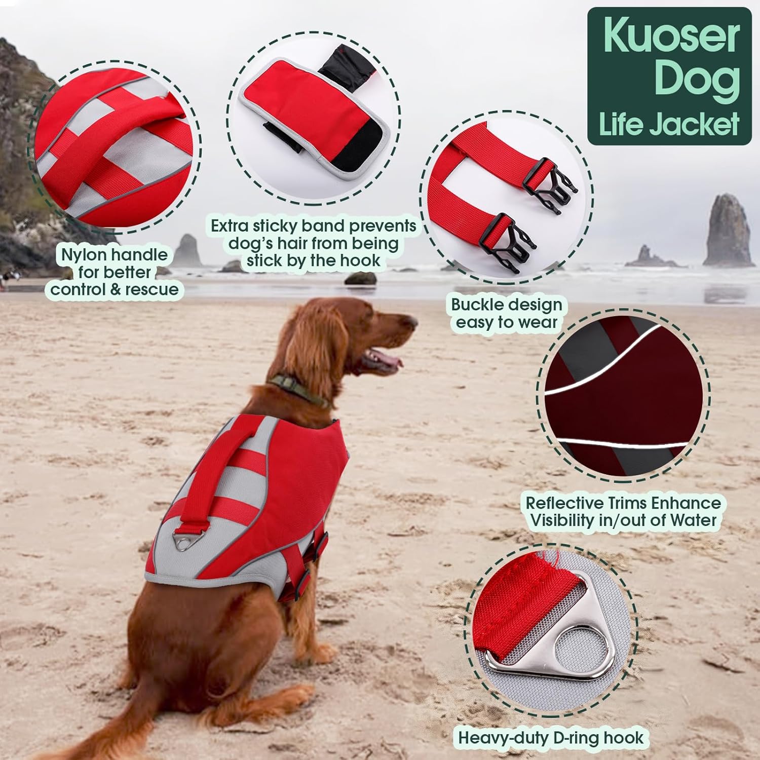 Kuoser Dog Life Jacket, High Flotation Dog Life Vest for Swimming Boating, Reflective Pet Swimming Vest Doggie Water Preserver with Rescue Handle