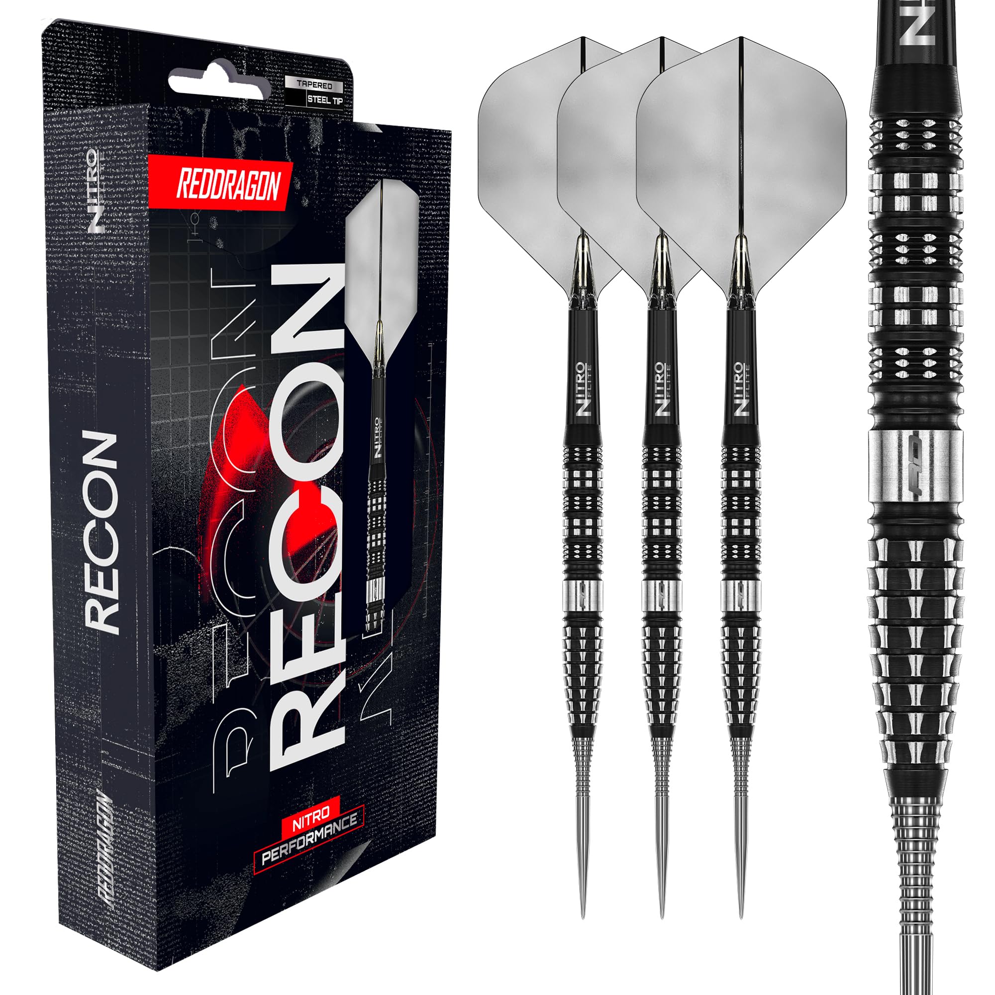 RED DRAGON Darts - Recon Series - 21g Tapered Barrel - Steel Tip Dart Set - 90% Professional Tungsten Darts Set - Nitro Flite Integrated Flight/Shaft, Dart Flights & Stems