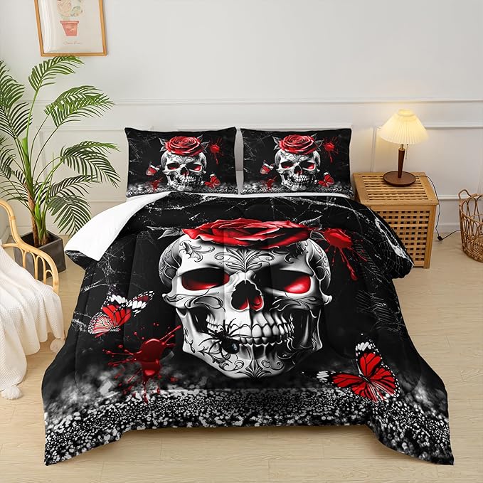 Gothic Skull Comforter Set King Size for Boys Girls,Skeleton Bone Spider Butterfly Print Horror Bedding Set,Sugar Skull Halloween Theme Comforter Set Red Black Bedding Set