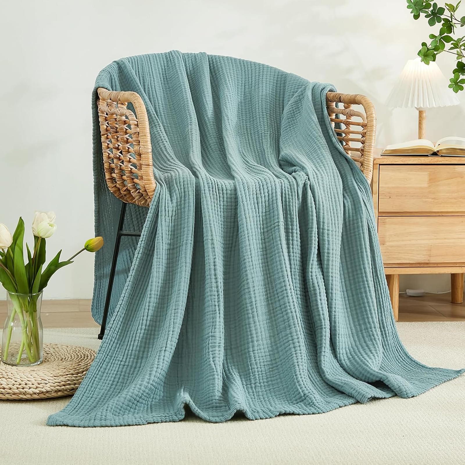 Knubbuf Soft Muslin Blanket, 2026 New 100% Natural Cotton Muslin Blanket, Cotton Throws For Sofas, Summer Muslin Bedspread, Blankets for Adults, Children & Babies (Turquoise, Queen(150x200)
