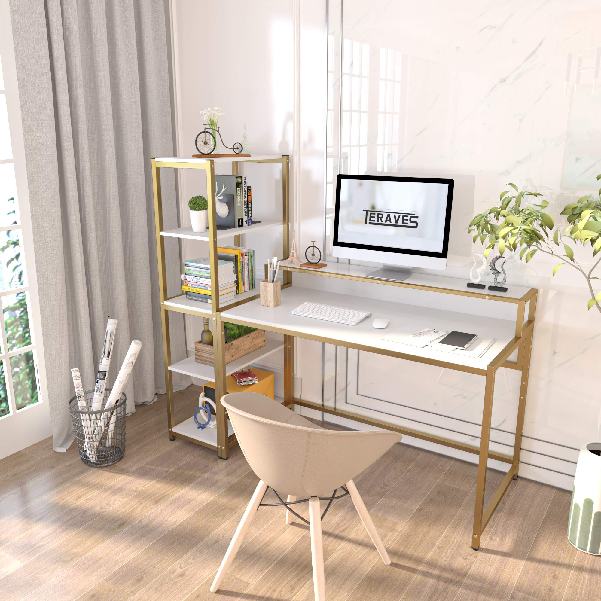 Teraves Computer Desk with 5 Tier Shelves,Reversible Writing Desk with