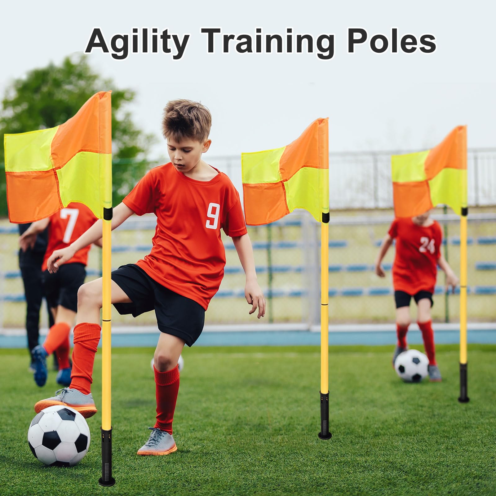 Juego de 4 banderas de esquina de fútbol, postes de entrenamiento de 5 pies para campo de fútbol, postes de bandera de esquina portátiles para entrenamiento de velocidad y agilidad, equipo de campo y
