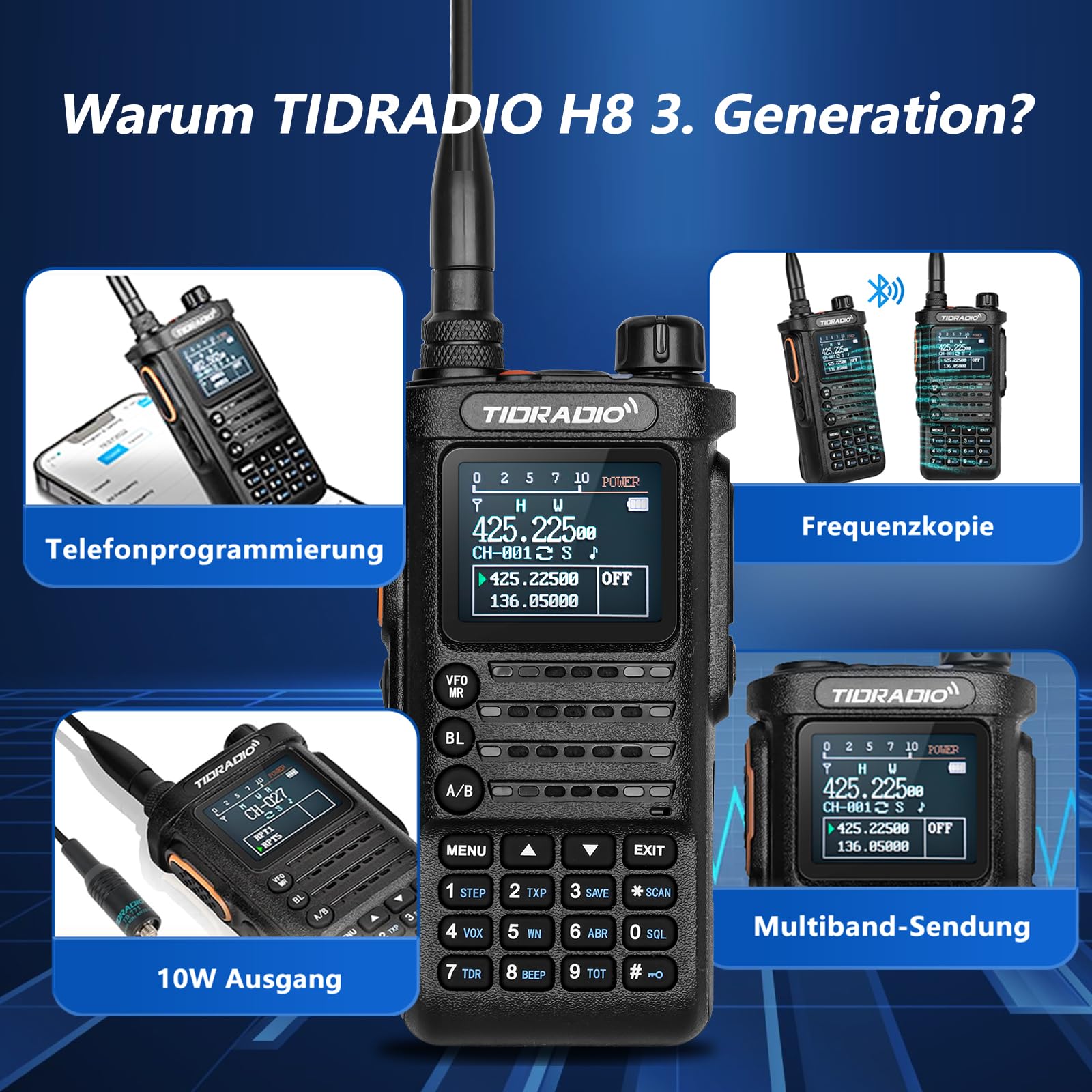 TIDRADIO TD-H8 10W Funkgerät mit Bluetooth-Programmierung Walkie-Talkie mit 2500mAh Akku, Funkgeräte 10 km reichweite Set für Outdoor, Notfall & Camping – 1 Stück