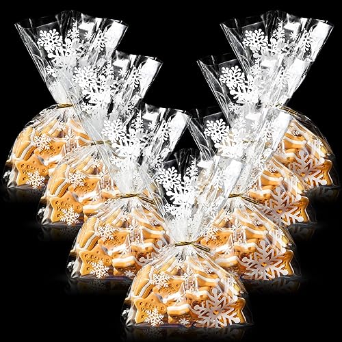 Resholder 100 bolsas de celofán transparentes de Navidad de 11.0 x 5.1 in, bolsas de almacenamiento con parte inferior de bloque, con 100 lazos