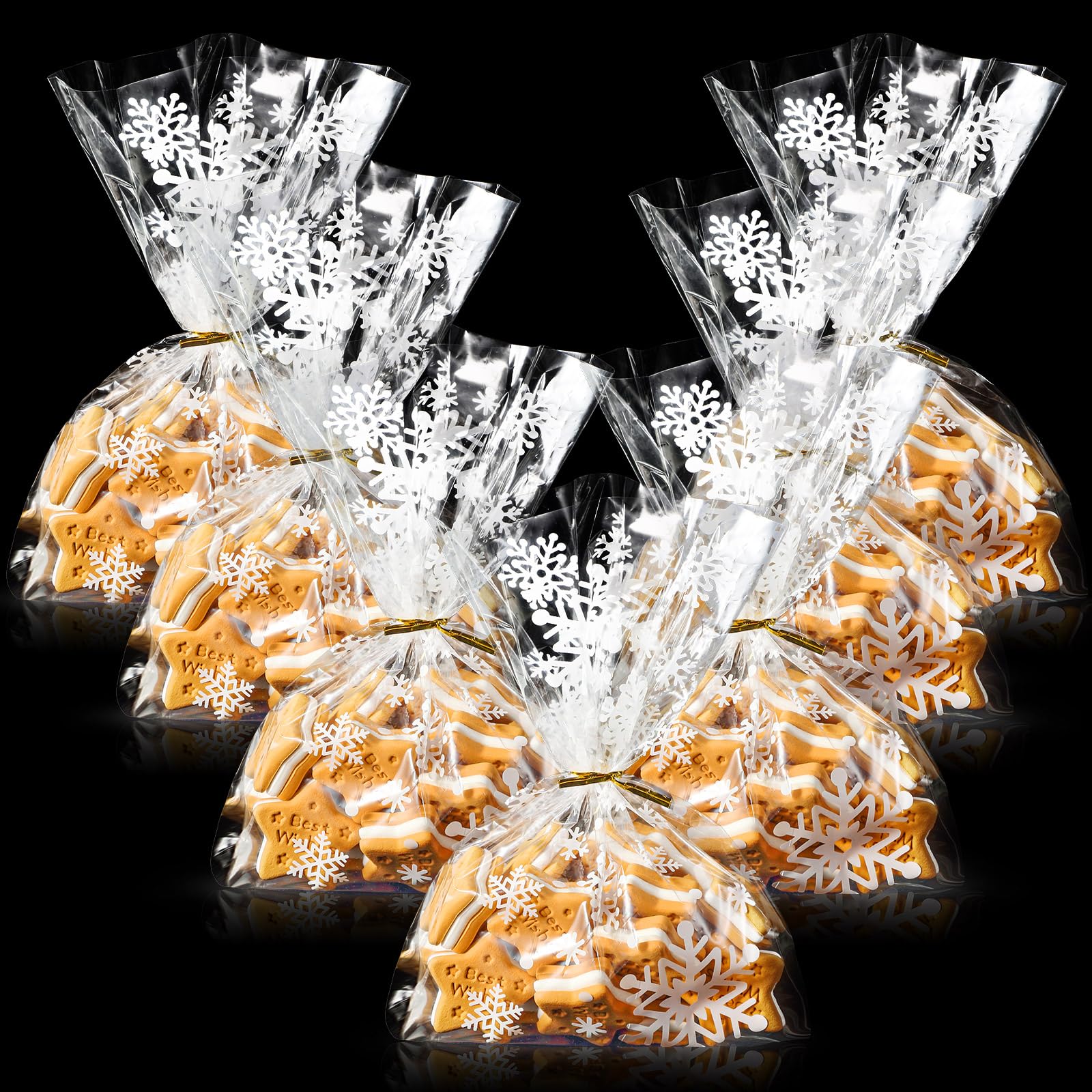 100 Counts 28 x 13 cm Xmas Flat Clear Cellophane Treat Bags Block Bottom Storage Bags with 100 Pieces Twist Ties For Christmas Party Favor (White,Snowflake)