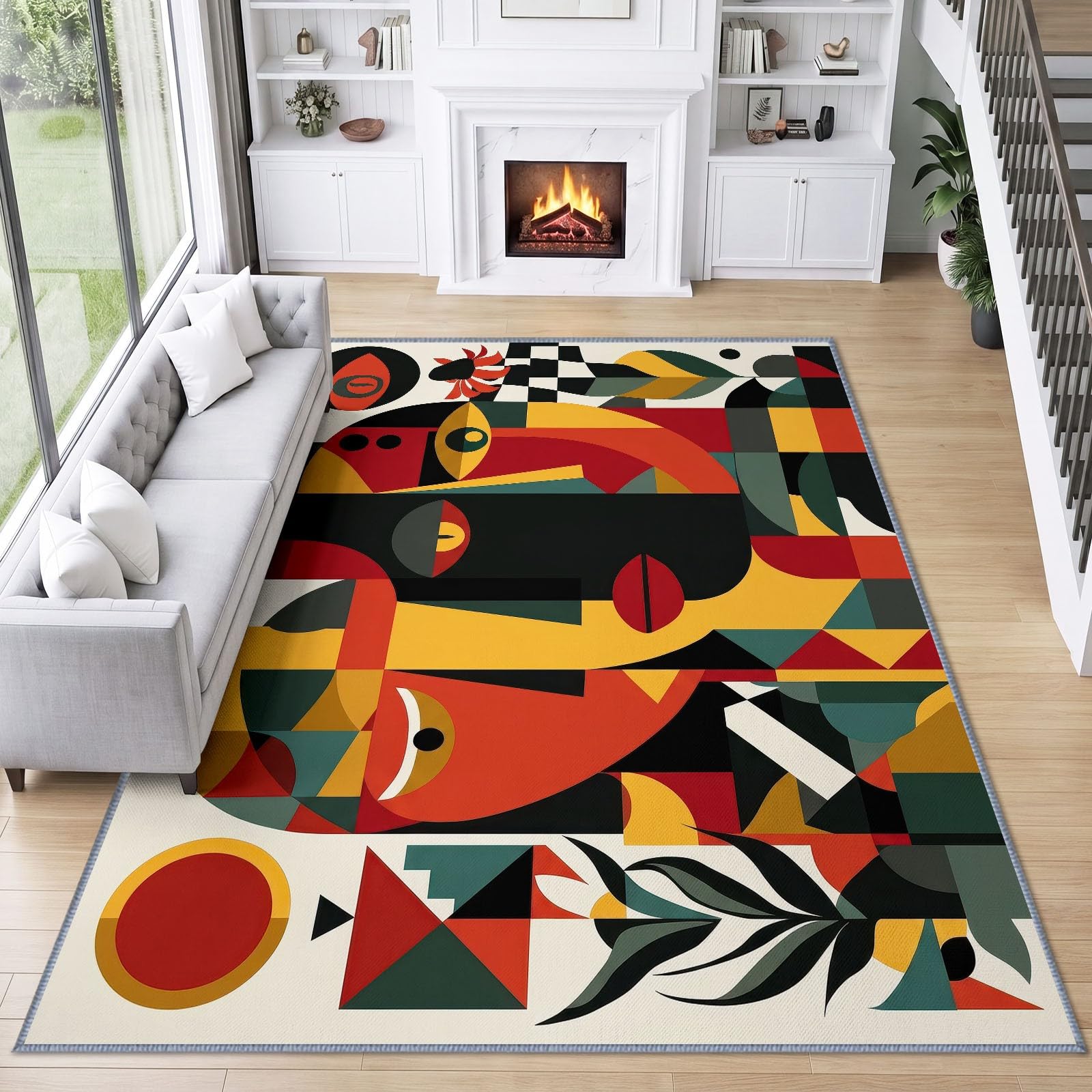Alfombra de salón africana, 140 x 200 cm, máscara facial geométrica, alfombra de pelo corto, lavable moderna, decorativa antideslizante y suave para sala de estar, dormitorio y oficina