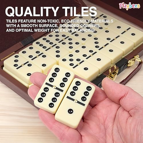 Miniatura 5 de Playbees Juego de dominó jumbo de doble seis, 28 azulejos blancos gruesos, caja de cuero vegano de madera sofisticada, juego familiar clásico,