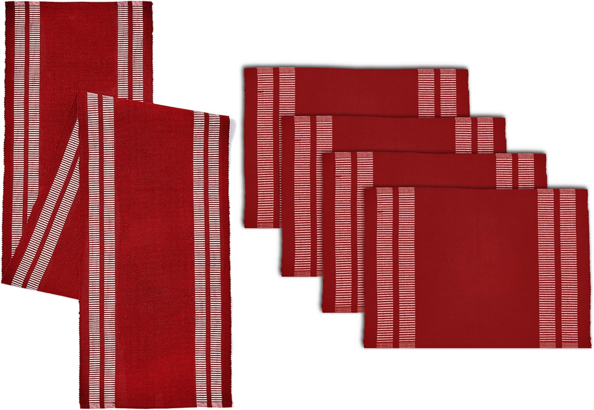 Encasa XO Table Runner and Placemats Set 4 | Fine Ribbed Cotton | Ladder Red | 1 Table Runner Size 13"x54" & Each Table Mat Size 19x13 Inch