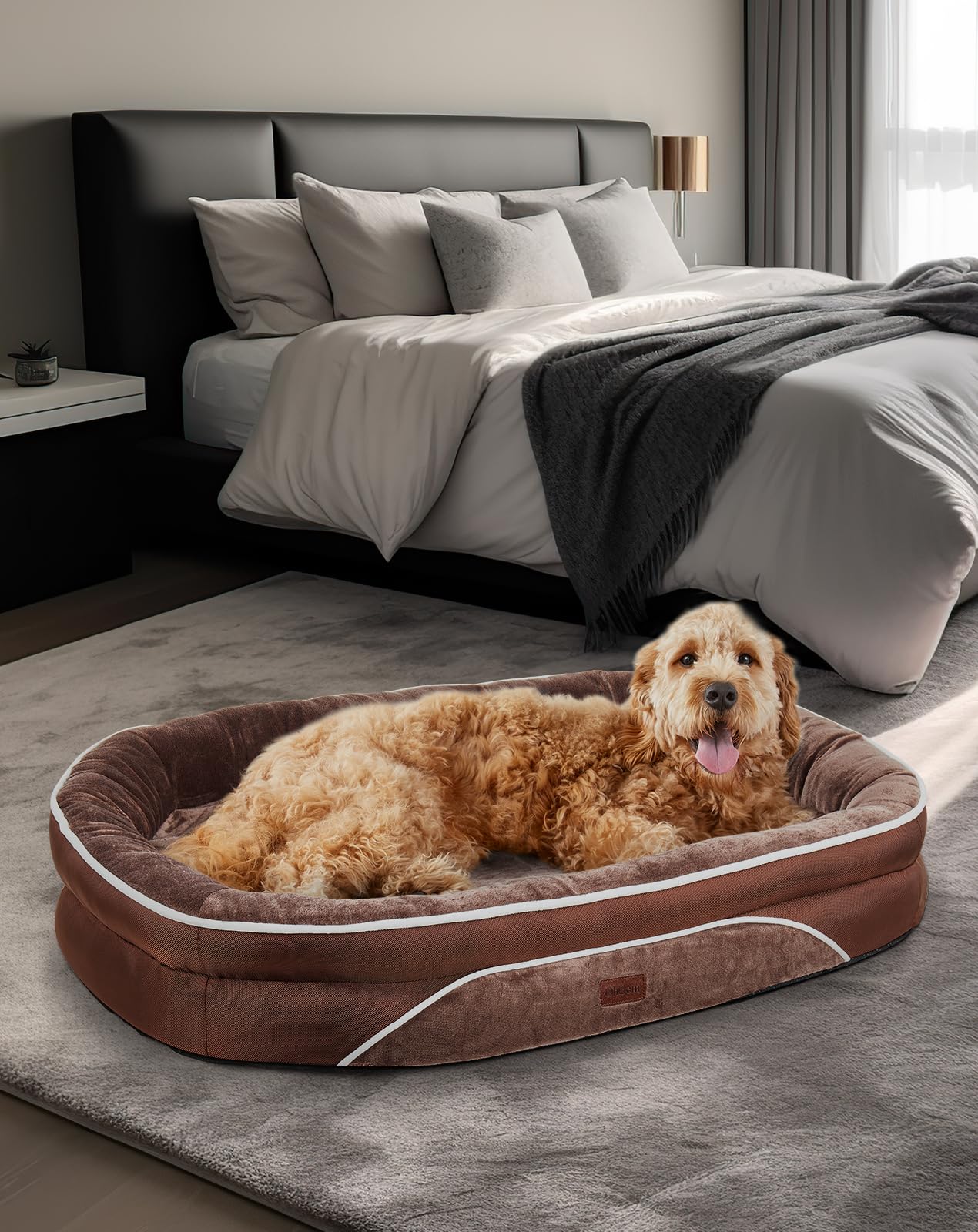 Orthopedic Dog Bed for Extra Large Dogs, Dog Couch Design with Egg Foam Support, Removable, Machine Washable Plush Cover and Non-Slip Bottom with Four Sided Bolster Cushion (Brown)