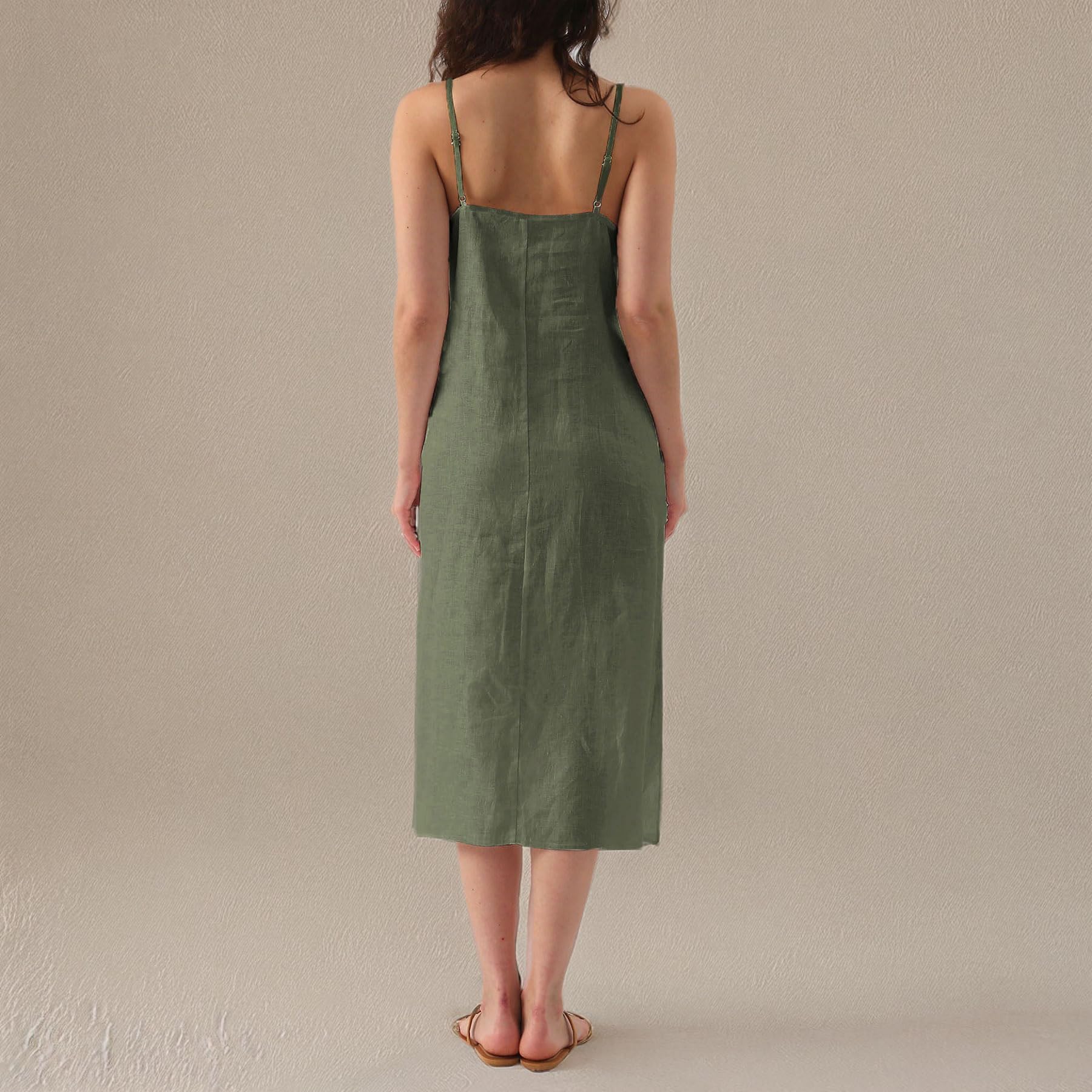 Amazhiyu Womens Pure Linen Summer V Neck Midi Spaghetti Strap Slip Dress with Pockets: Medium Green