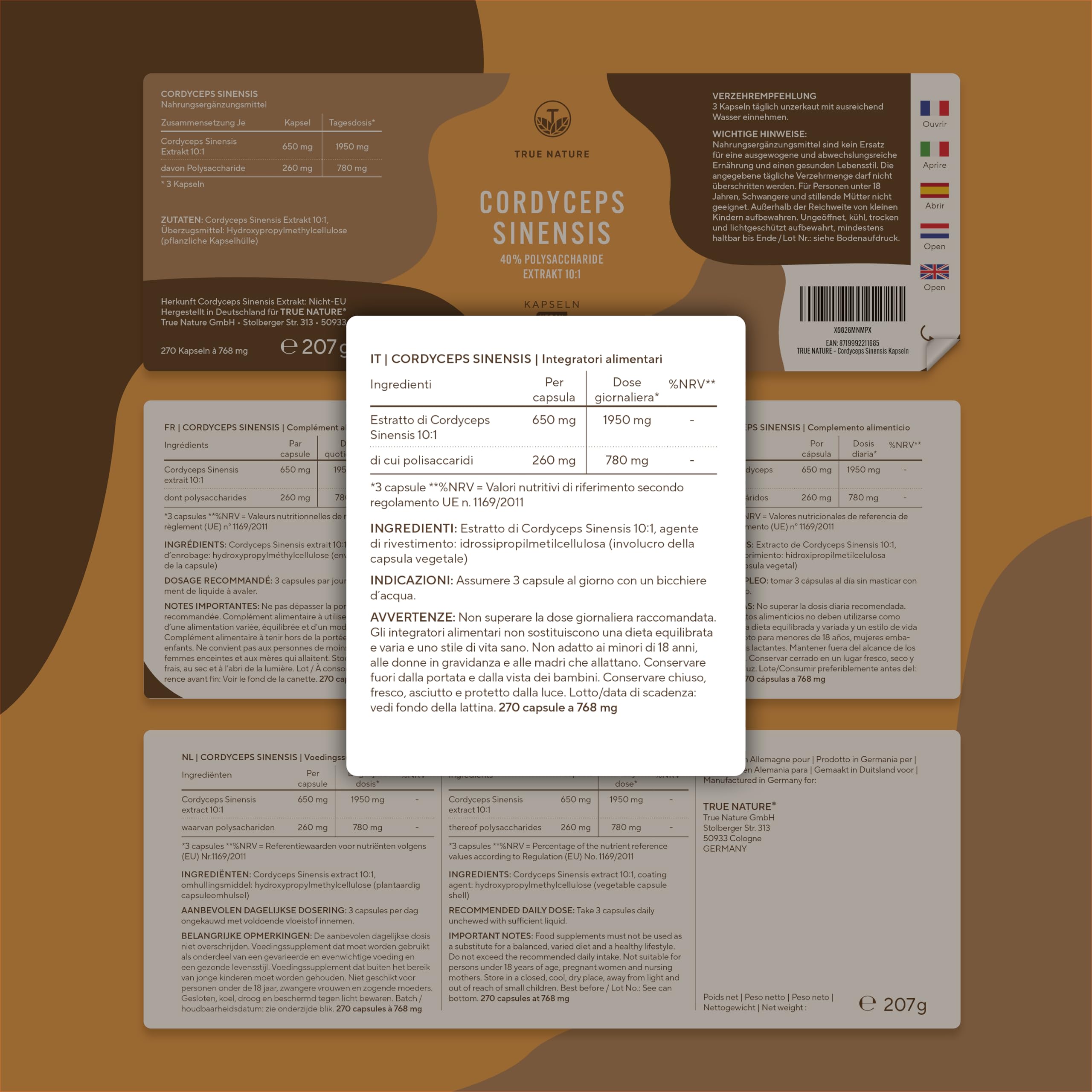 Cordyceps Sinensis - 19500 mg - 270 Capsule (Estratto CS-4 10:1) Alto dosaggio - con 40% di Polisaccaridi Bioattivi - Analizzato in Italia e confezionato in Germania da TRUE NATURE