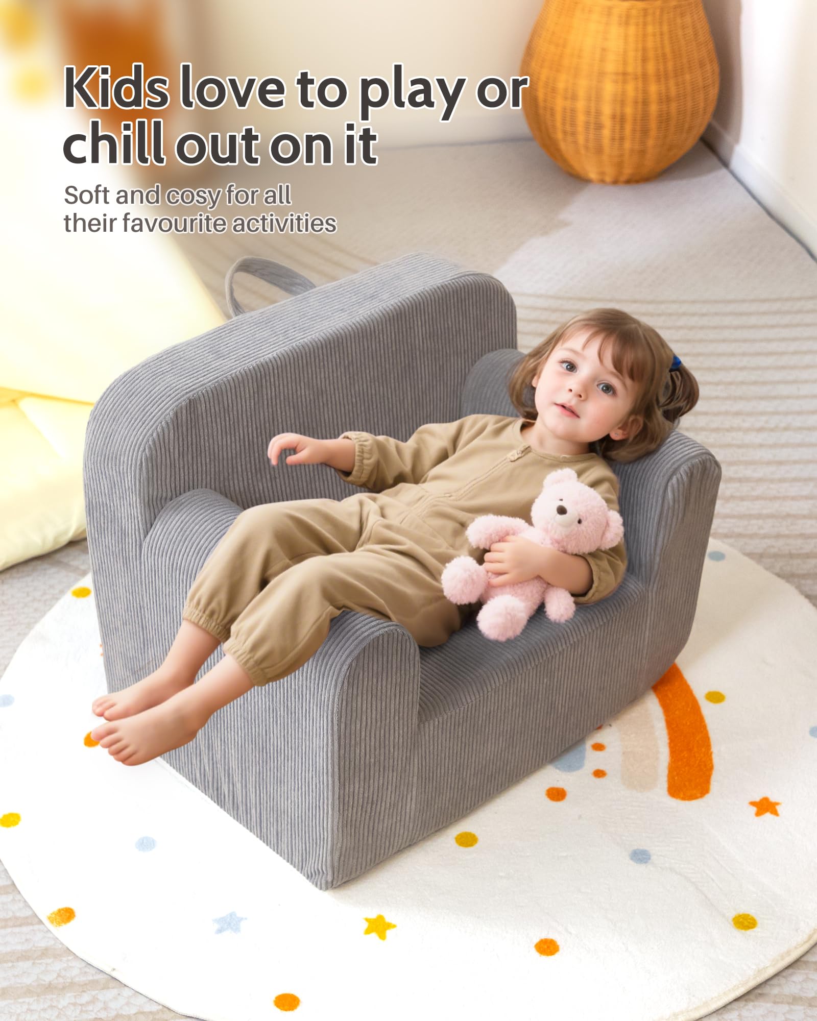 BEJOY Kinderstuhl Ultraweiches Kuschel-Schaumstoff-Sofa, Einzelsitz Cord-Lesecouch für Jungen und Mädchen, Grau