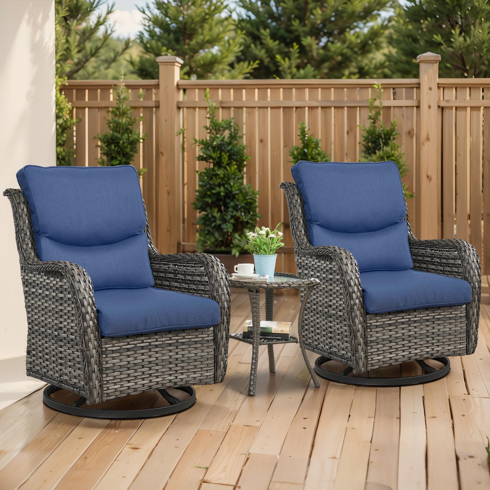 Artfurniz Outdoor Swivel Rocker Patio Chairs with 5" Thick Cushion - 3 Piece Wicker Bistro Set with Side Table, High Back Comfty Outdoor Glider Chairs