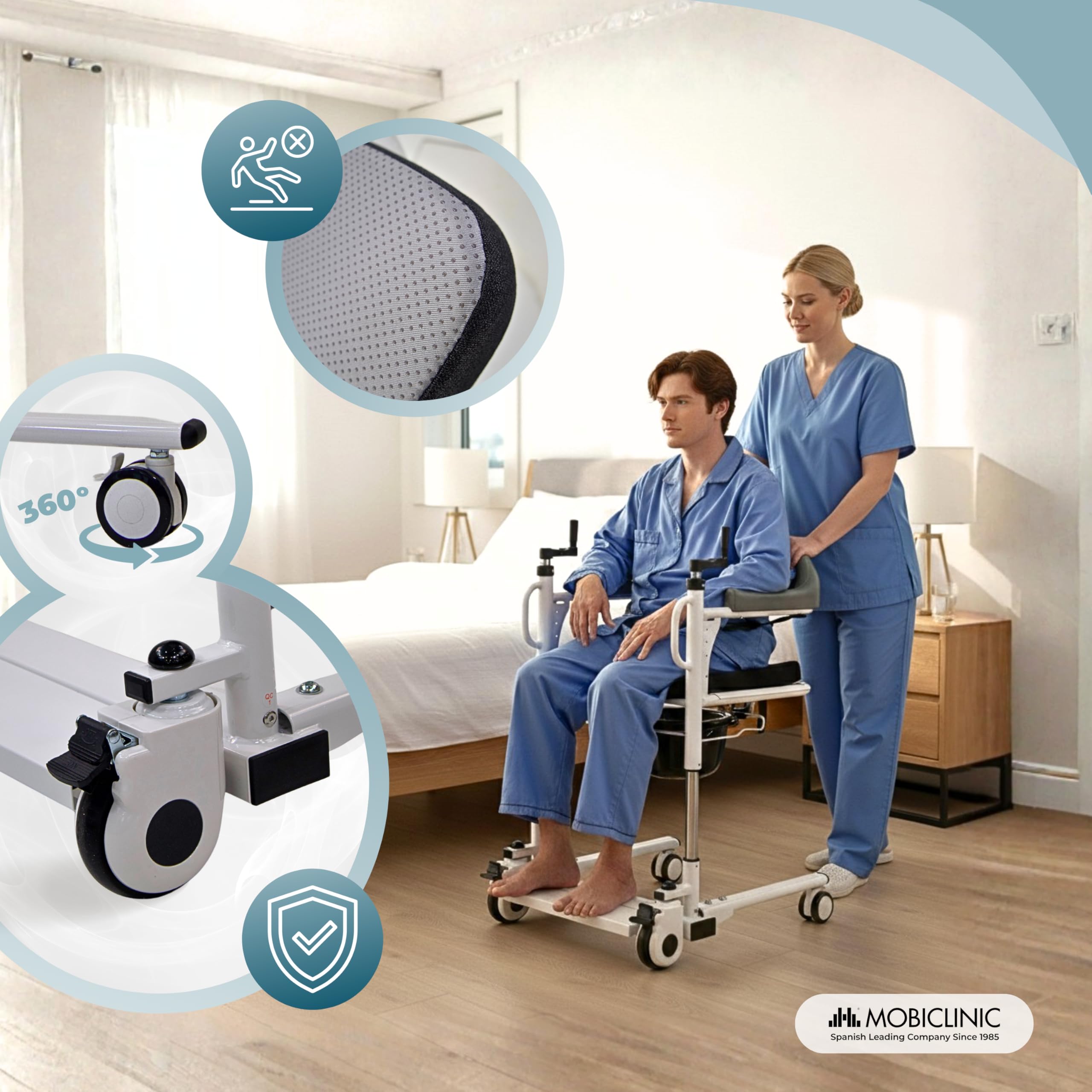 Mobiclinic®, Sedia di Trasferimento, Pappagallo Estraibile, Regolabile in Altezza, Doppio Sistema di Sicurezza, Apertura Laterale, Cuscino, Ruote con Freni, per Letto, Poltrona e WC, Acciaio, Willy