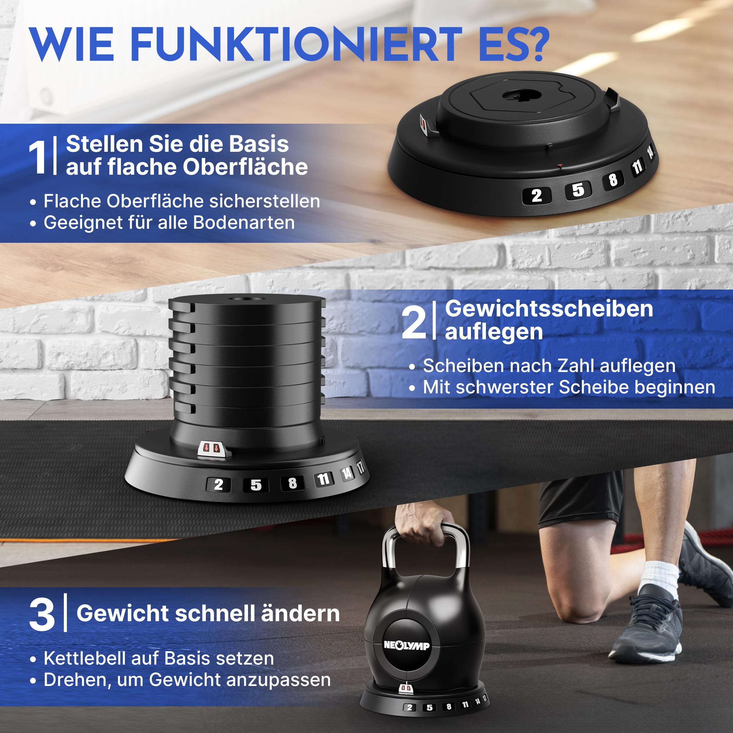 NEOLYMP Kettlebell Set 2-20 kg - 7-in-1 Kettlebell verstellbar für Ganzkörper-Workout Zuhause - Kugelhantel mit robustem Edelstahl-Handgriff für perfektes Schwungerlebnis